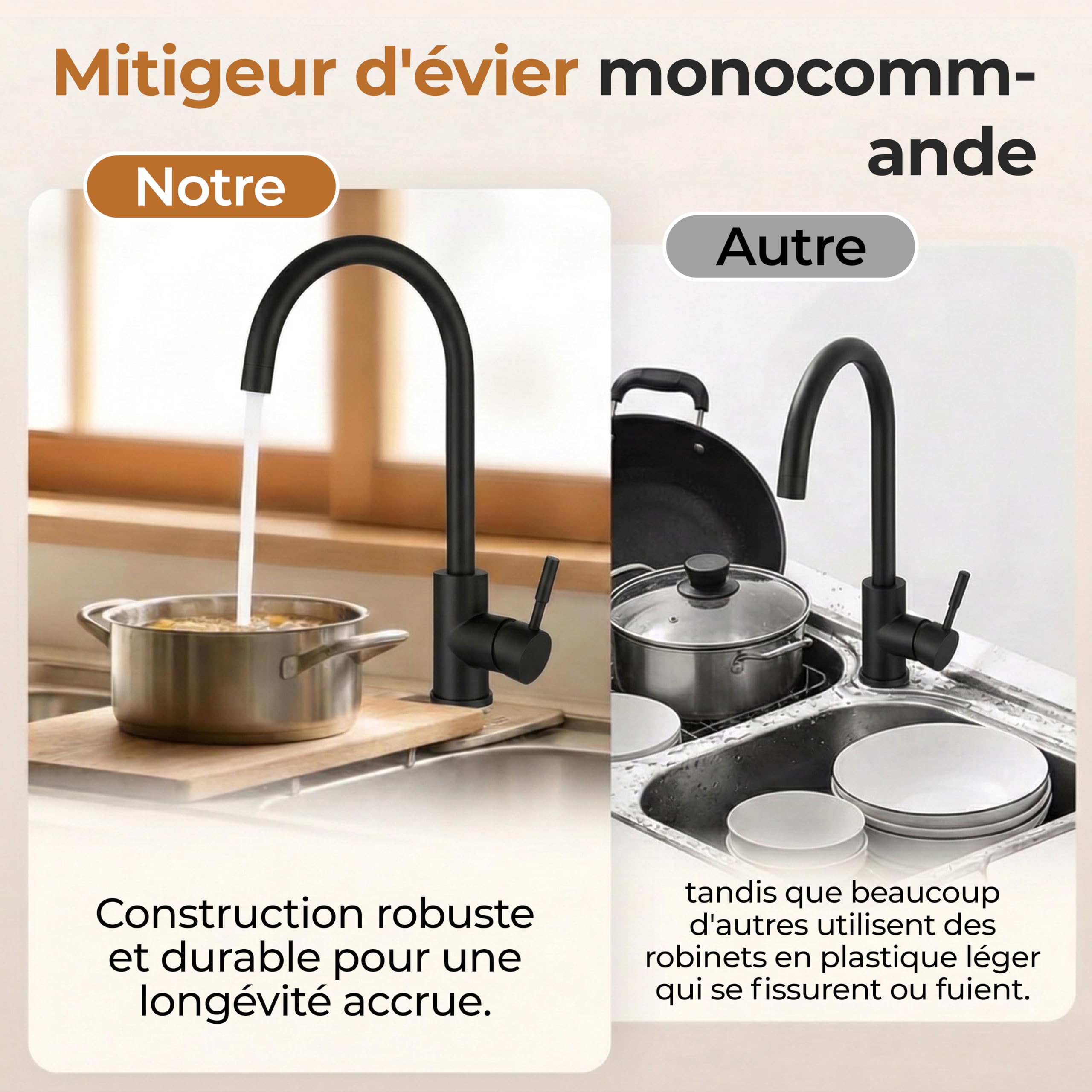 MELTA. Robinet Cuisine Pivotant 360° – Mitigeur Évier Arc Élevé en Acier Inoxydable, Robinet Cuisine avec Levier Unique, Robinet Évier Cuisine Moderne, Installation Facile (NOIR MAT) - 3