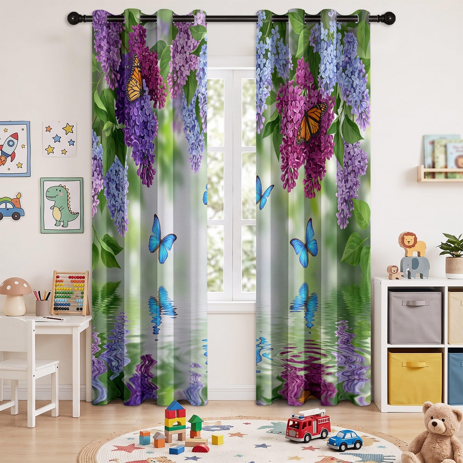 Generisch Natur Blumen Vorhänge für Schlafzimmer 138 x 117 cm (H x B), Thermo Verdunkelung Flieder Schmetterling Vorhang Wohnzimmer Kälteschutz - Blickdichte Gardinen mit Ösen, 2 Stück