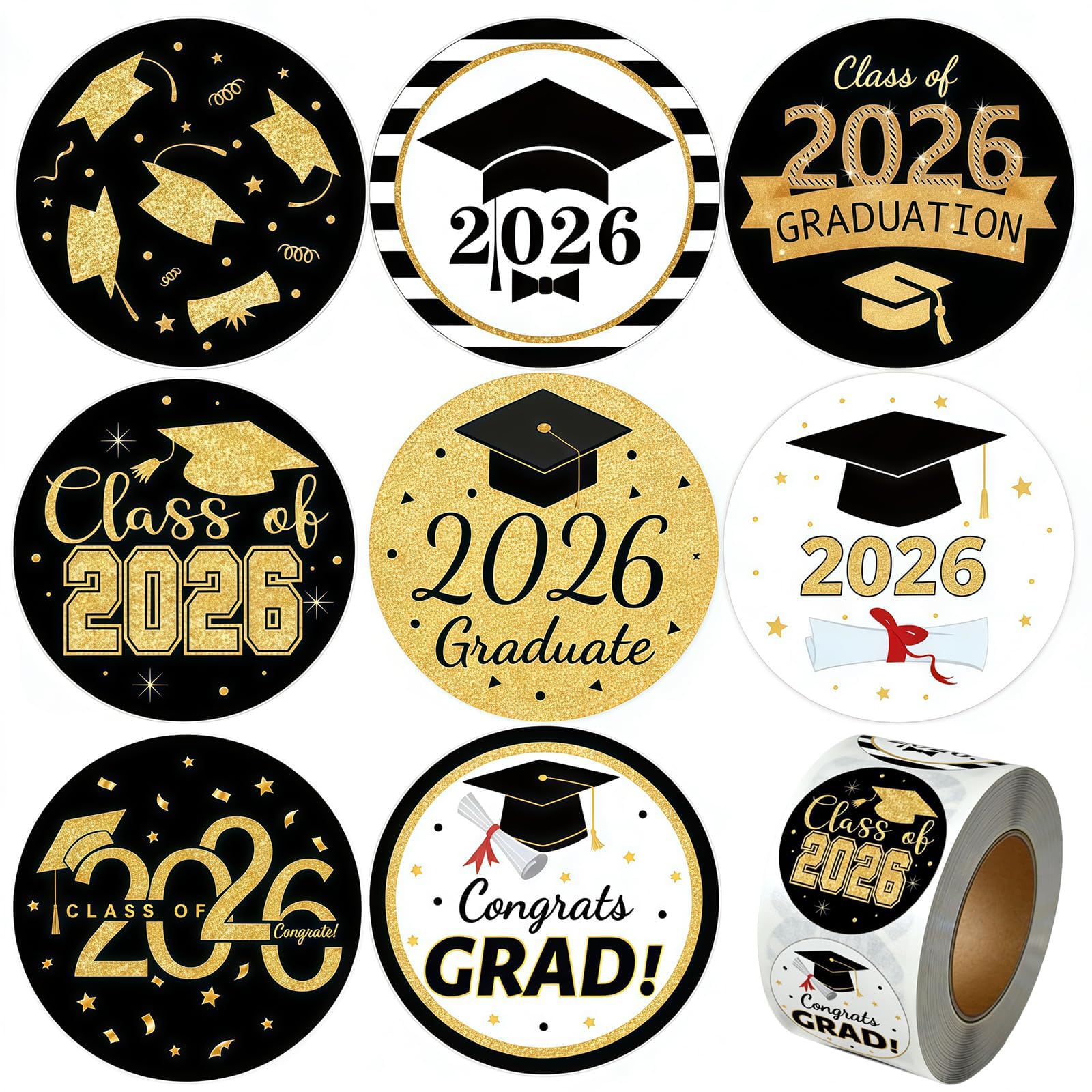 Yunvisty Gold Color Graduation Decorations Stickers Class Of 2026 1000Pcs Round Graduation Decorations Black Gold White Congrats Grad Envelope Seals For Graduations Parties And Keepsakes Invitations Cards Gift Labels