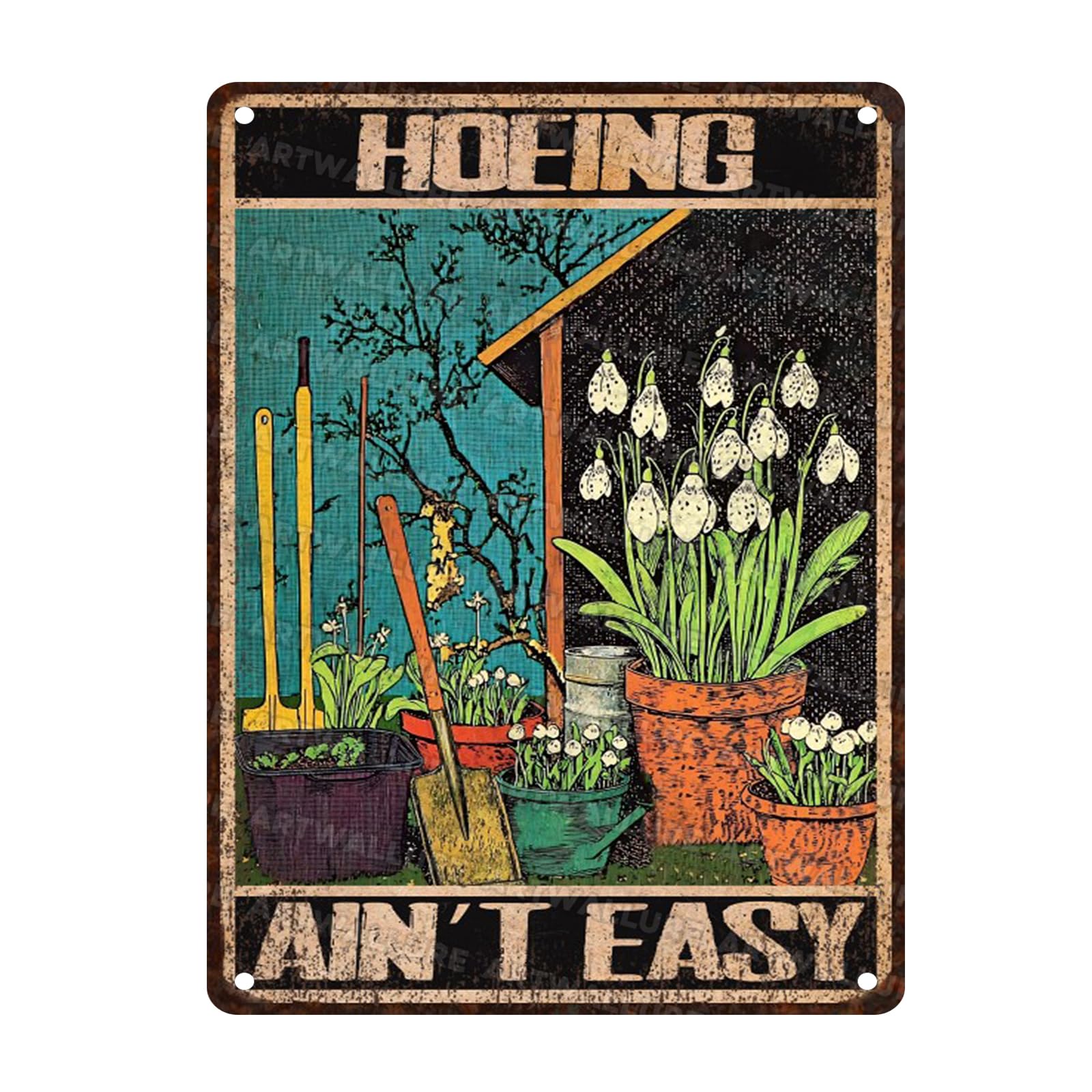 Metal Gardens Sign Hoeing Ain't Easy Vintage Signs for Home Bedrooms Kitchen Bars Pubs Garages Gardens Patios Porches 12x16inch