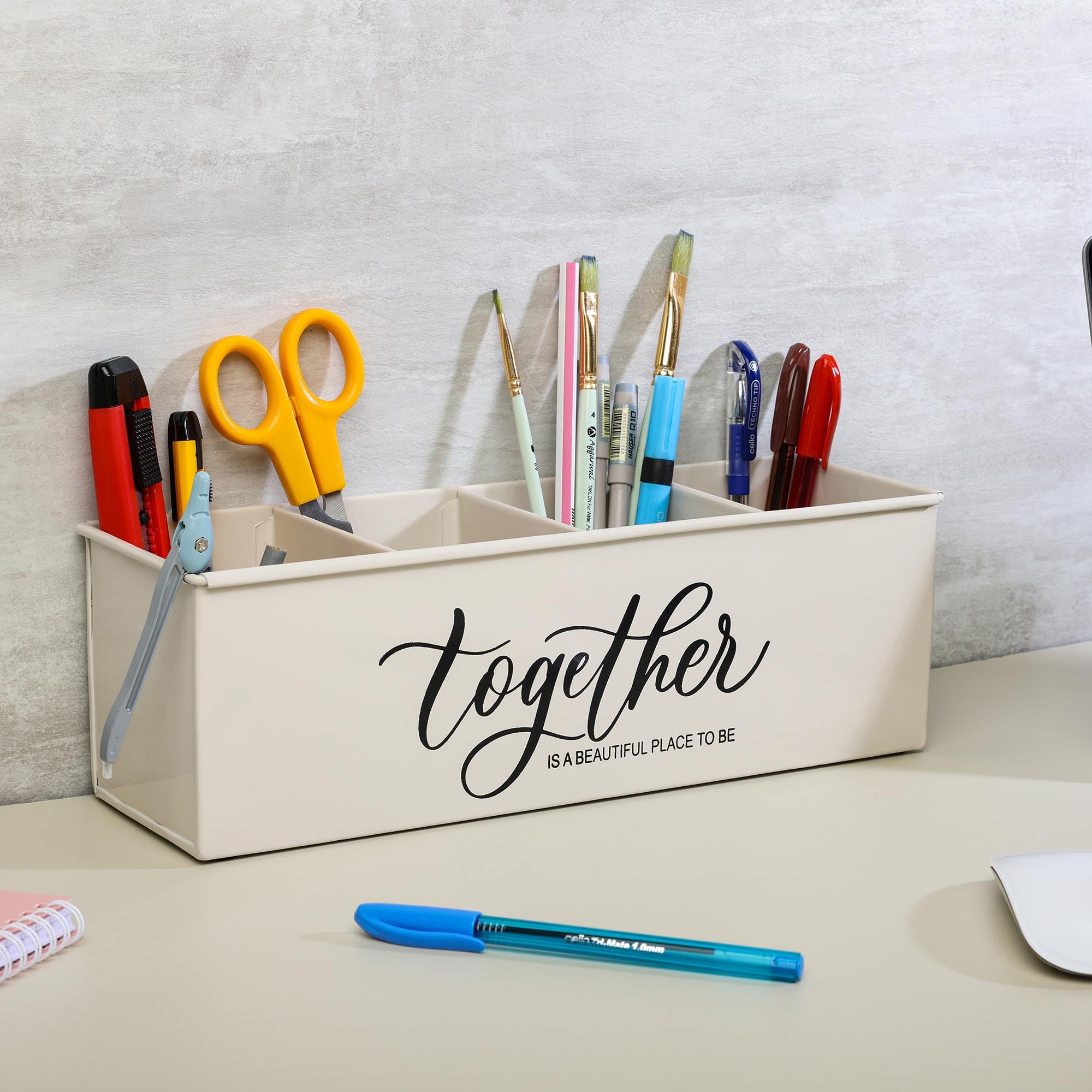 dudki Organizer da scrivania con 4 scomparti per tavolo da ufficio, elegante organizer da scrivania in metallo, per cancelleria, portapenne per ufficio, casa e tavolo da studio (insieme), beige