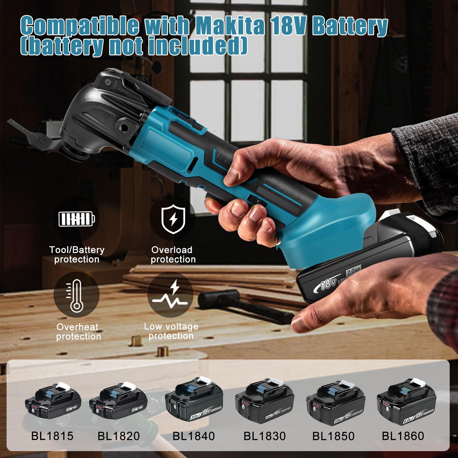 Herramienta oscilante multifuncional, compatible con batería Makita 18 V, 6 velocidades variables, sierra circular, 18 accesorios para tallado, raspado, rectificado