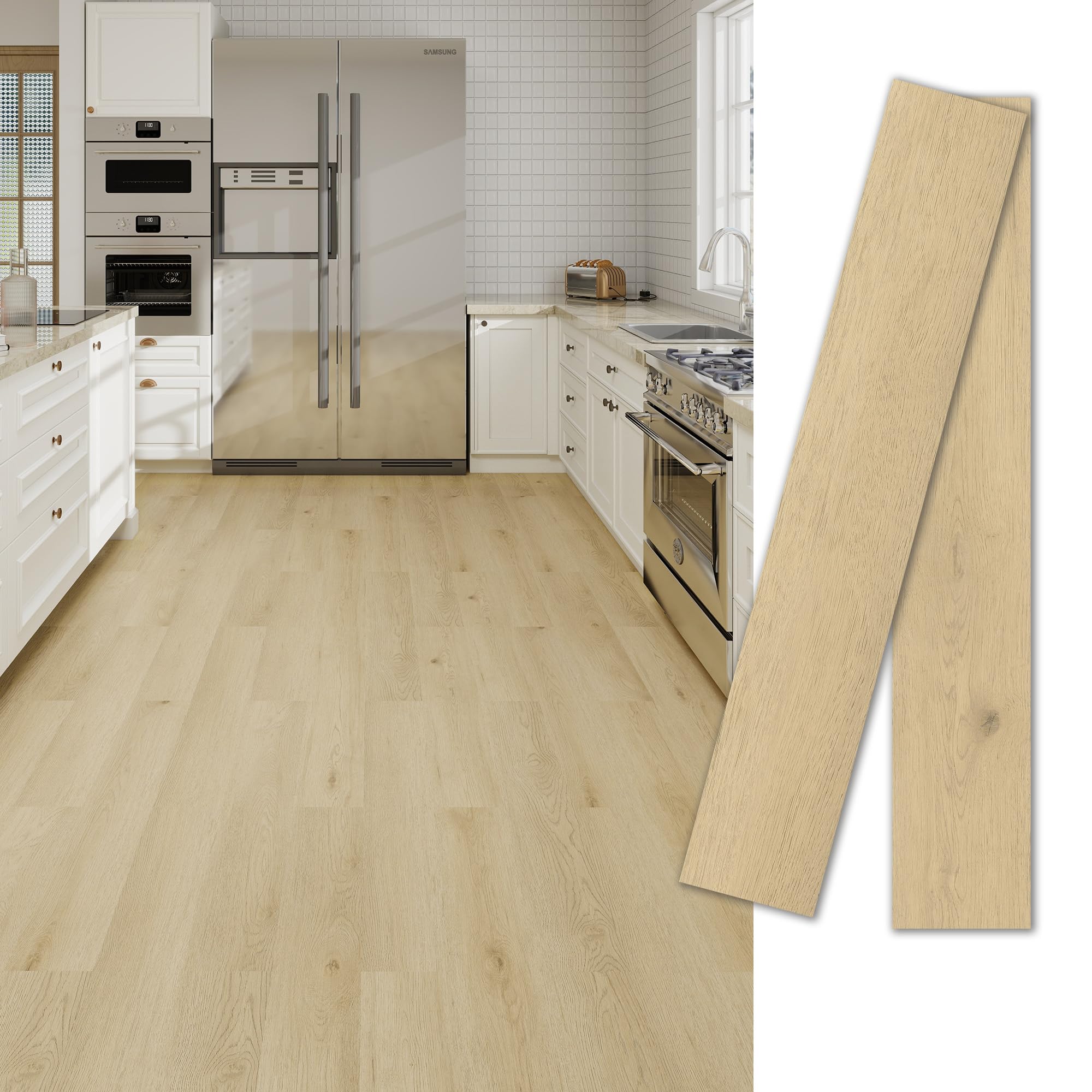 MULGREAT Podłoga laminowana samoprzylepna w kolorze jasnobrązowym – 5,02 m², realistyczny wygląd drewna, wodoszczelna i nadaje się do cięcia, 36 desek (15,24 x 91,44 cm) do pomieszczeń wilgotnych i