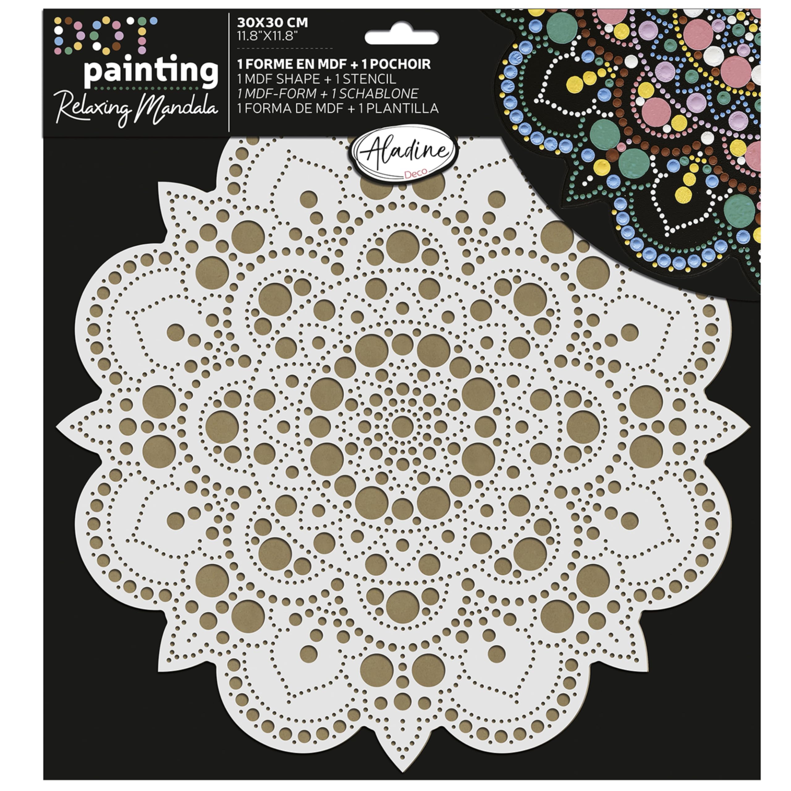 Aladine 85505 - Kit de plantilla y soporte Mandala de 30 cm para crear Mandalas de punto Painting – Pintura sobre guijarro, madera, tejidos, lienzos – Dotting Paint Points – Ocio creativo