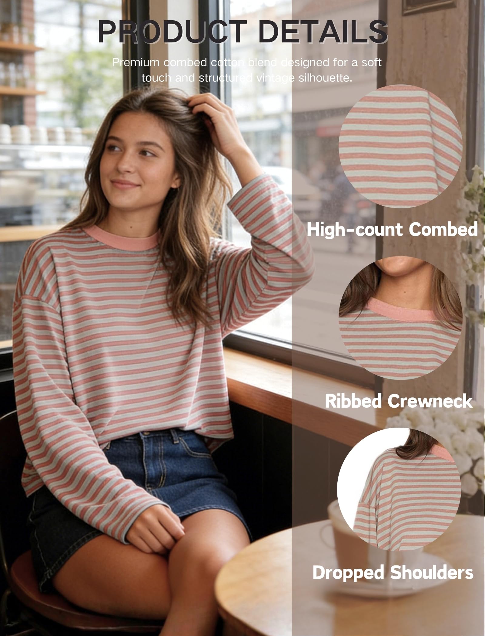 Femme Manches Longues à Rayures T-Shirt Pull à col Rond Sweatshirt Ample décontracté pour Printemps été - 4