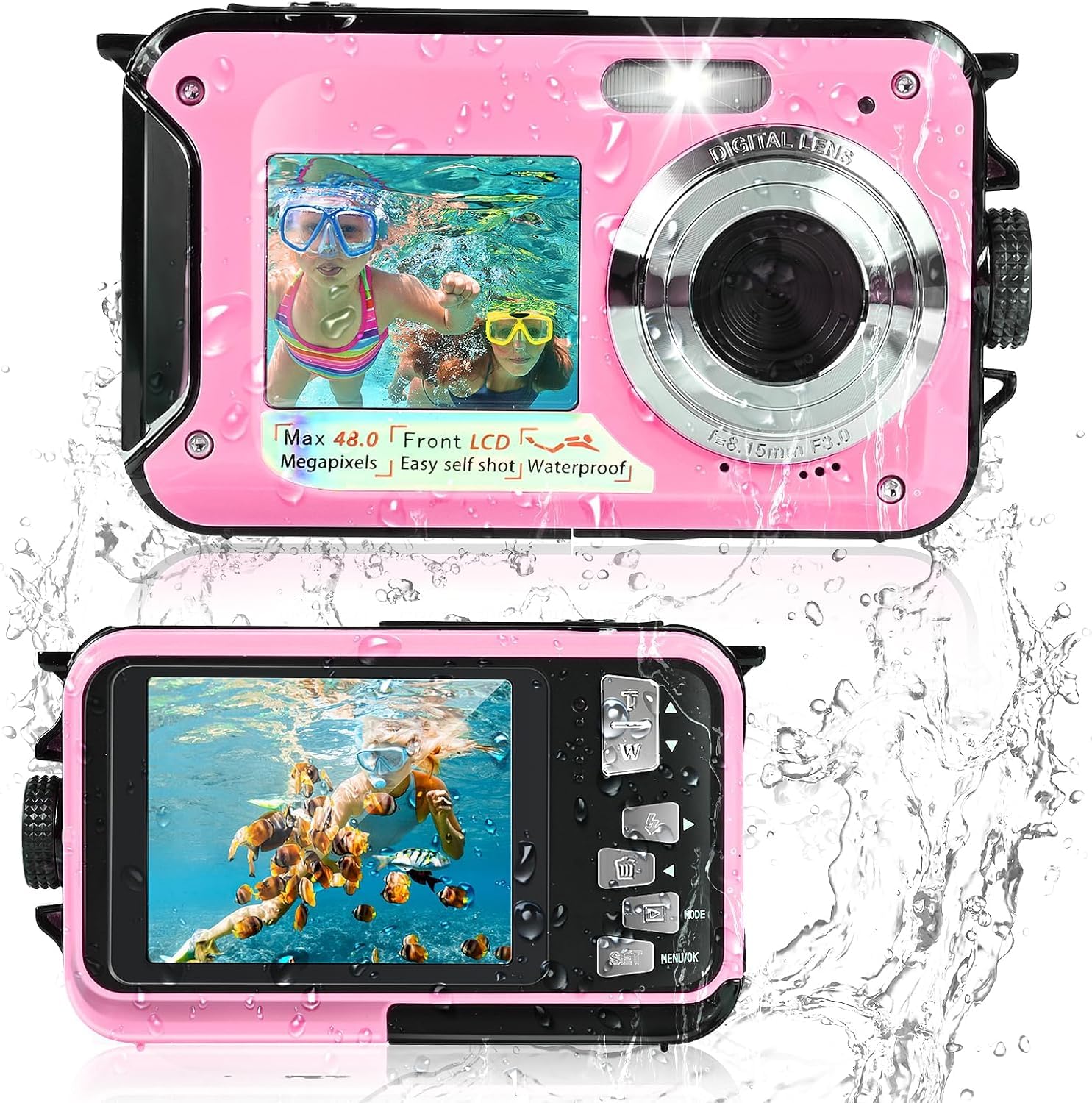 Cámara subacuática Comius Sharp para esnórquel y buceo, 10 pies 3 MP, FHD, resistente al agua, 32 G para disparador automático, bajo el agua, surf, rosa