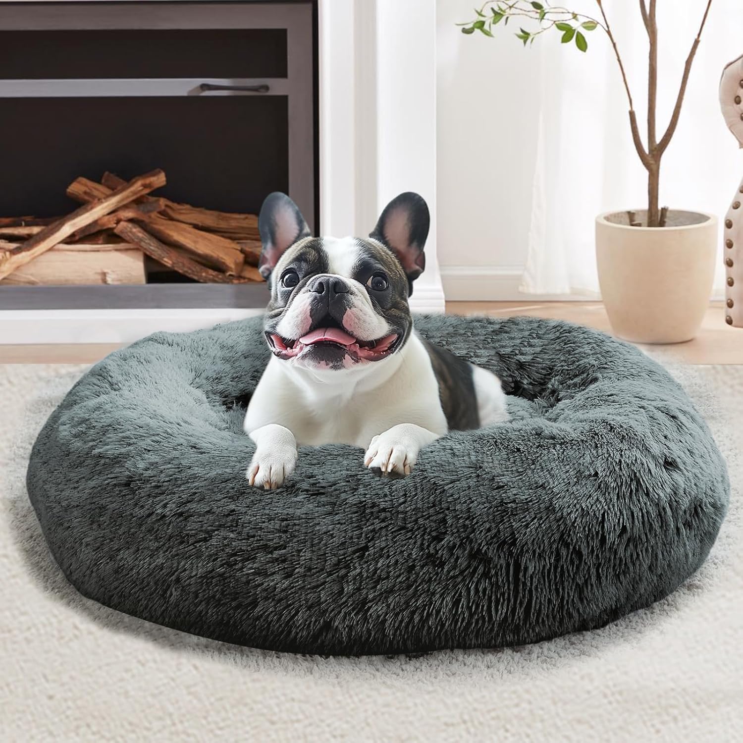 JOLLYVOGUE Small Dog & Cat Beds for Indoor Cats, Donut Cuddler Warming Soft Dog Beds with Anti-Slip Bottom, Round Calming Fluffy Plush Faux Fur Cushion Bed for Medium Dogs (27") 27.0"L x 27.0"W x 8.0"Th Navy Grey