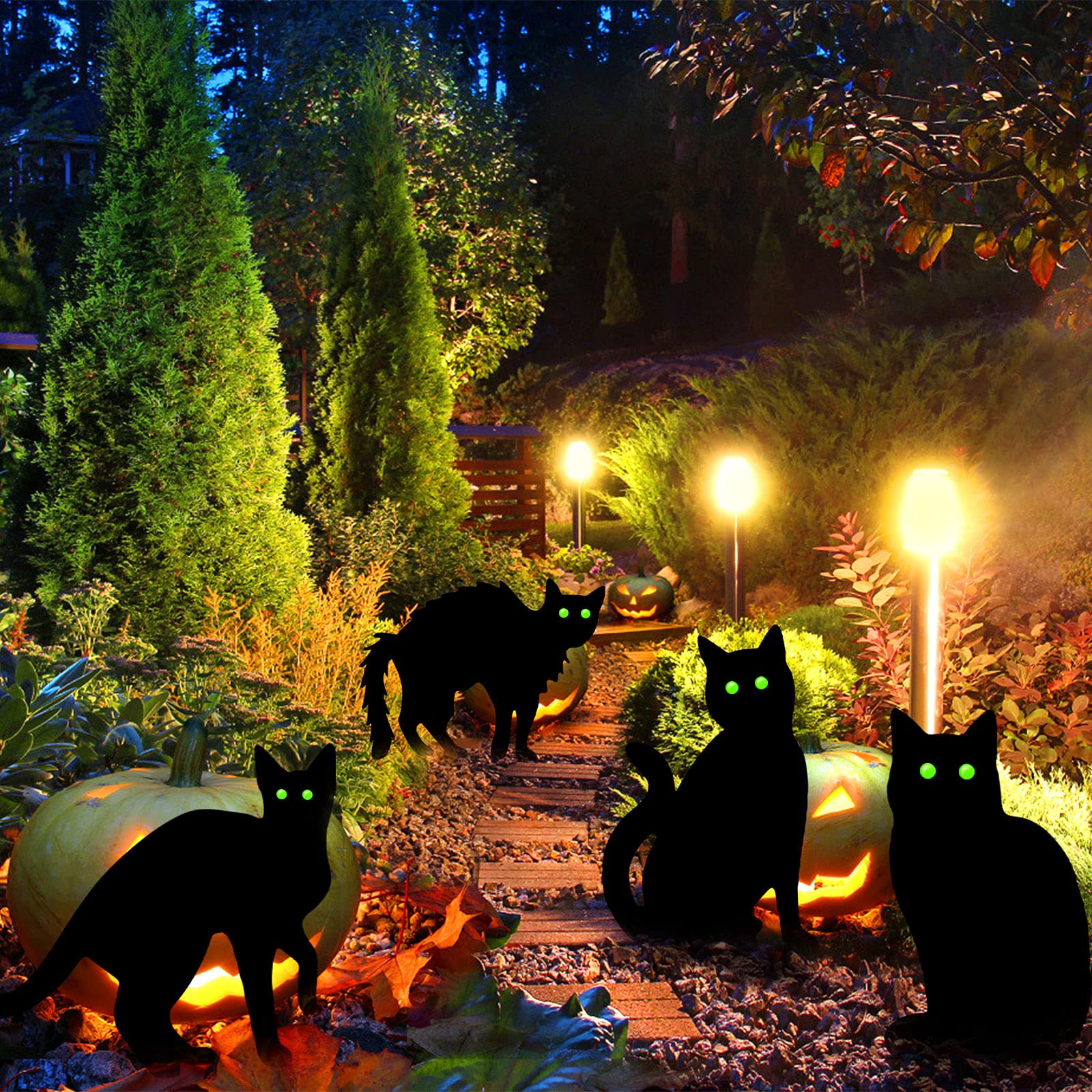Schwarze Katzenstatuen Aus Metall Mit Flammen-Design – 3er Set Für Garten & Halloween | Rostfrei