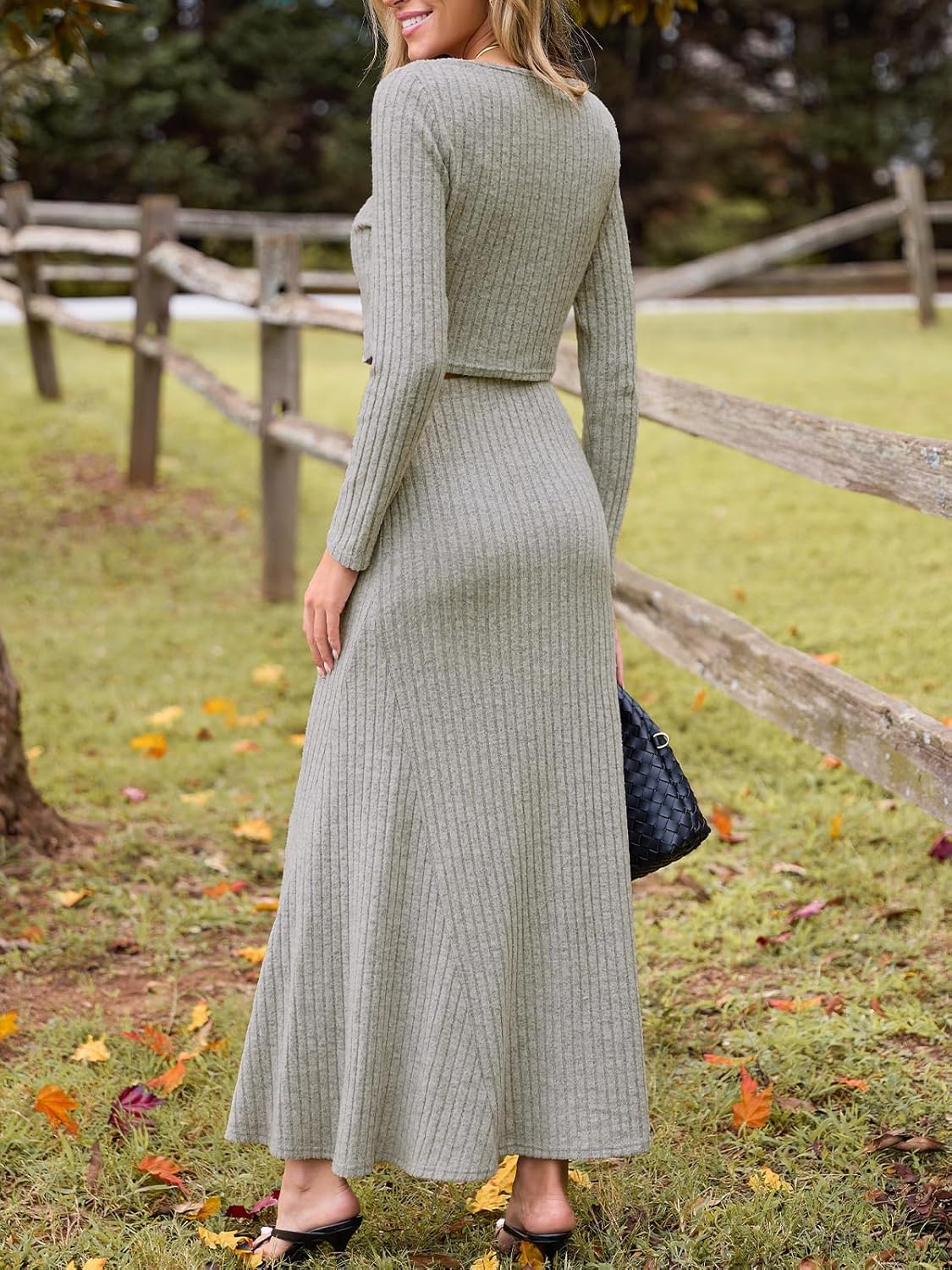 CUPSHE Fall Two Piece Skirts Sets for Women 2025 Ribbed Knit Long Sleeve Top Fitted Ruffled Midi Skirt Outfit Sets - Image 3