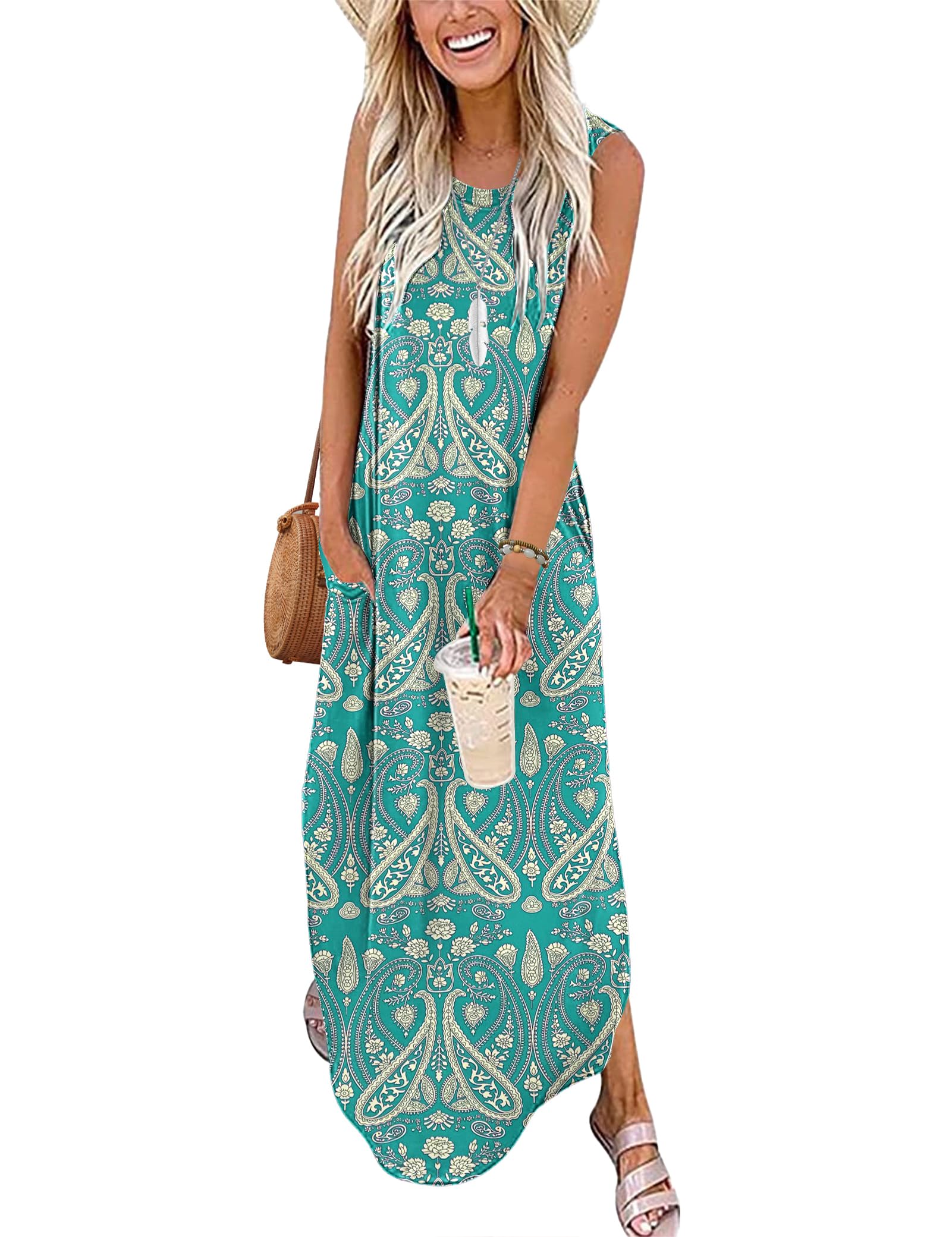 AUSELILY Vestito Lungo Donna Estivo Vestito da Spiaggia Mare Abito T-Shirt Donna Lungo Maxi con Spacco Laterale e Tasche
