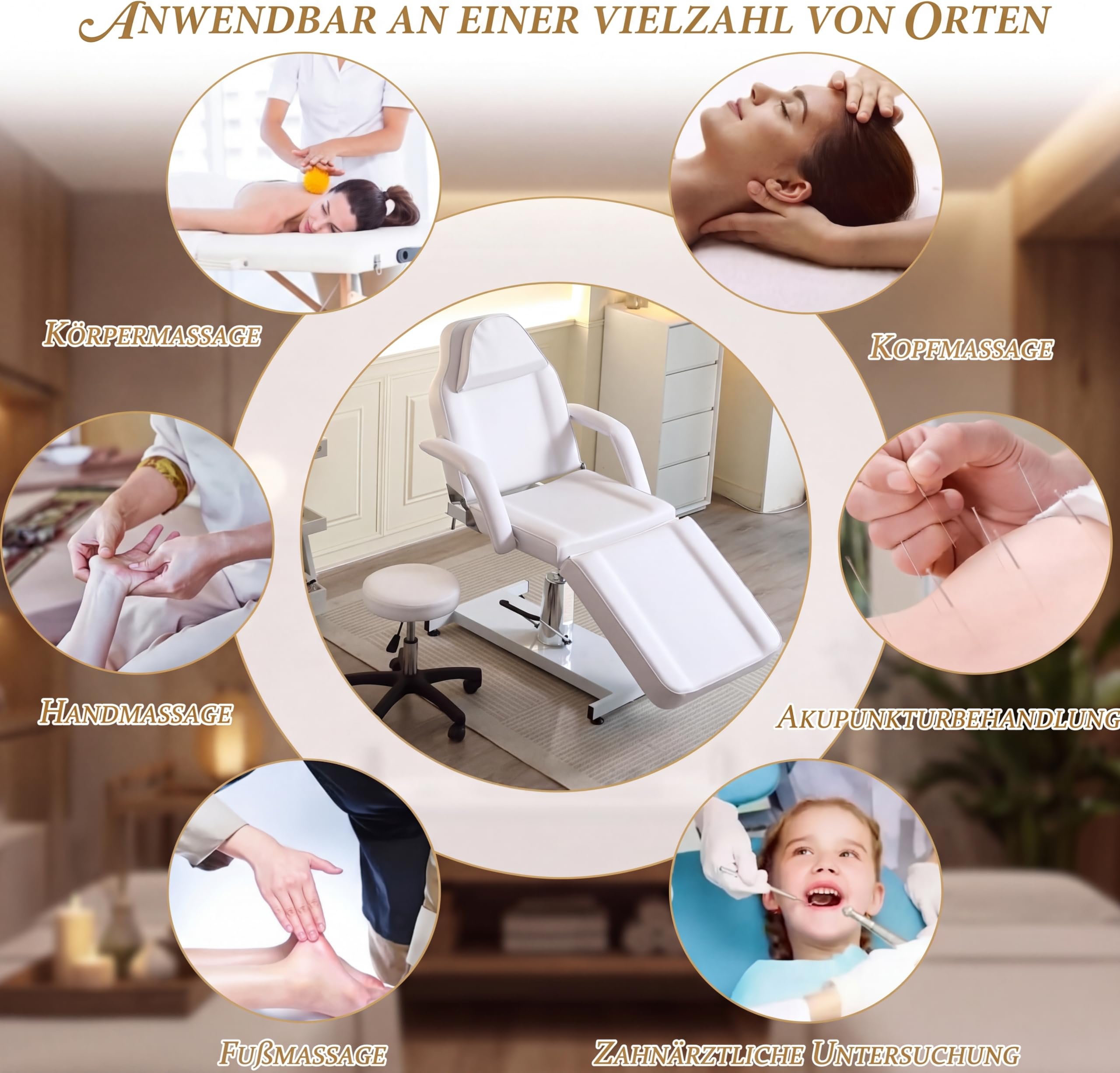 360° Drehbare Professionelle Hydraulisch Kosmetikliege Mit Hocker Verstellbare Massageliege Mit Abnehmbaren Armlehnen & Kopfstütze – Tattooliege Set Für Spa, Tattoo, Gesichtspflege (Weiß)