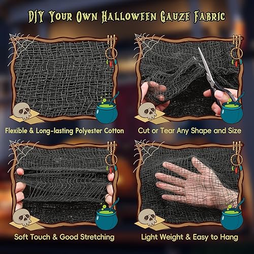 Miniatura 17 de Legigo Paquete de 12 paños espeluznantes de Halloween (30 x 72 pulgadas), gasa espeluznante para fiesta de Halloween, suministros de fiesta de Negro
