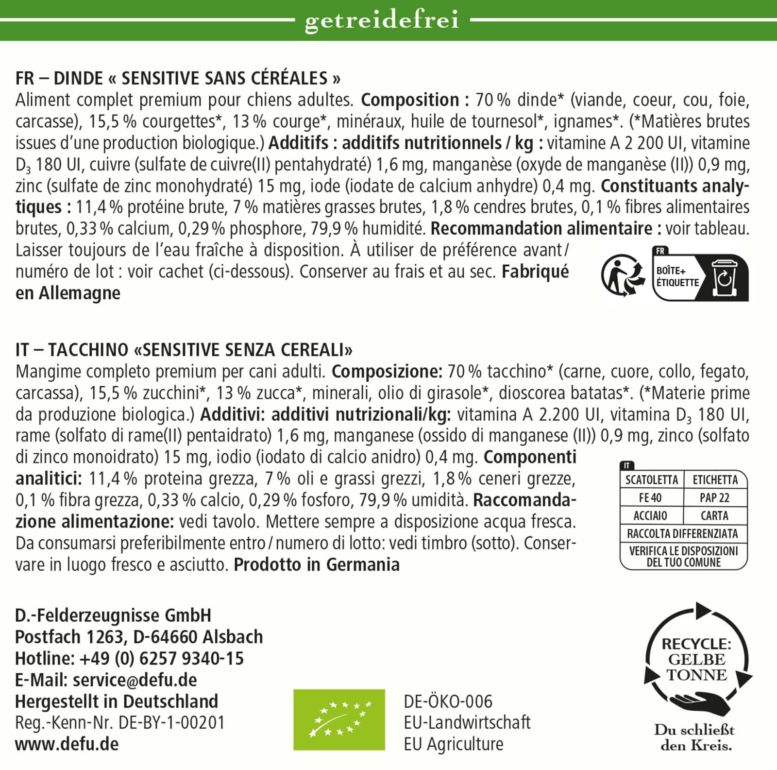 defu Hundefutter | 12 x 400 g | Bio Truthahn Sensitiv Getreidefrei | Premium Bio Nassfutter Menü | Alleinfuttermittel für Hunde