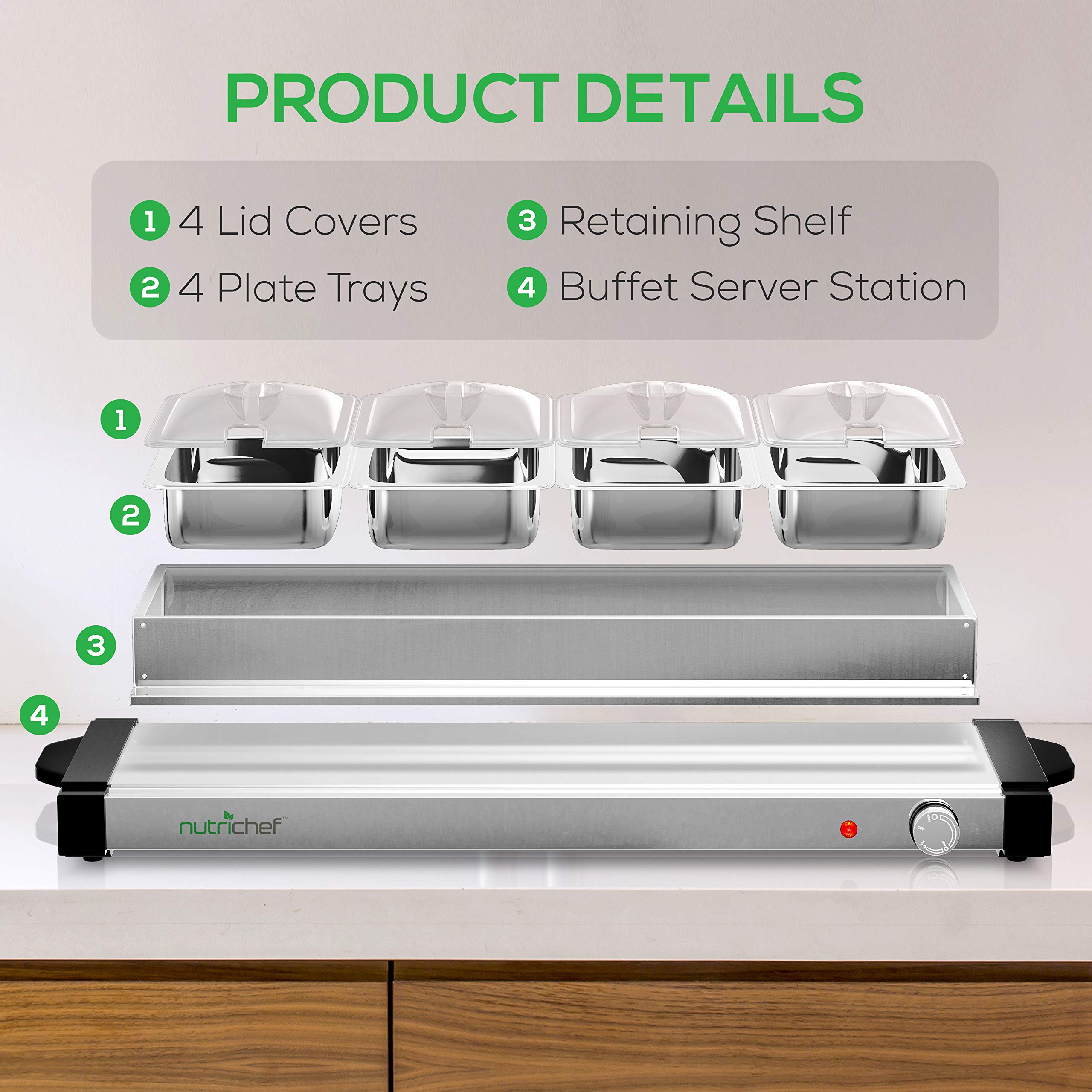 Nutrichef Electric Hot Plate Food Warmer 4Plate Buffet Server Chafing