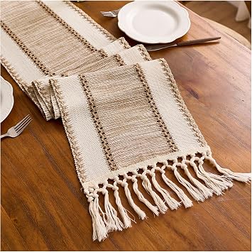 Dxcaicc Scandi Table Runner Cotton-Linen Blend, Two-Tone Design with Knot, Simple Table Decoration for Living Space, Set of 2,Brown Wide Stripe,180cm