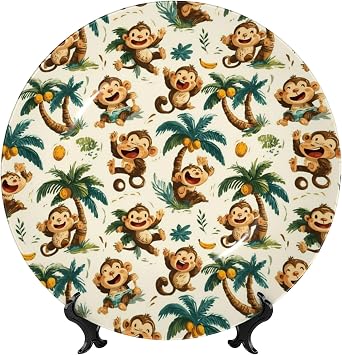 Monkeys Swinging From Palms 1 Pattern Decorative Plates Ceramic Ornament Chinese Style Decorative Dish with Stand Art Porcelain Plate 8in