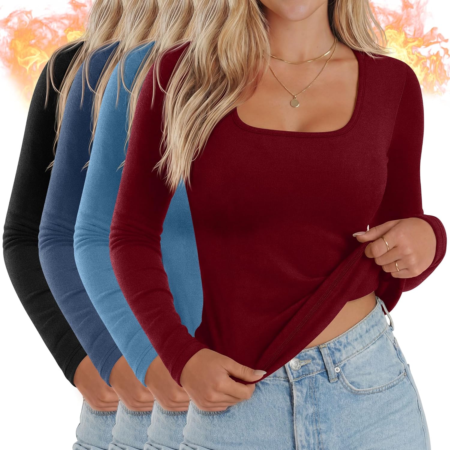 Huukeay 4 Pack Women's Thermal Long Sleeve Shirt Square Neck Fleece Slim Warm Winter Tops Casual Fashion Base Layer