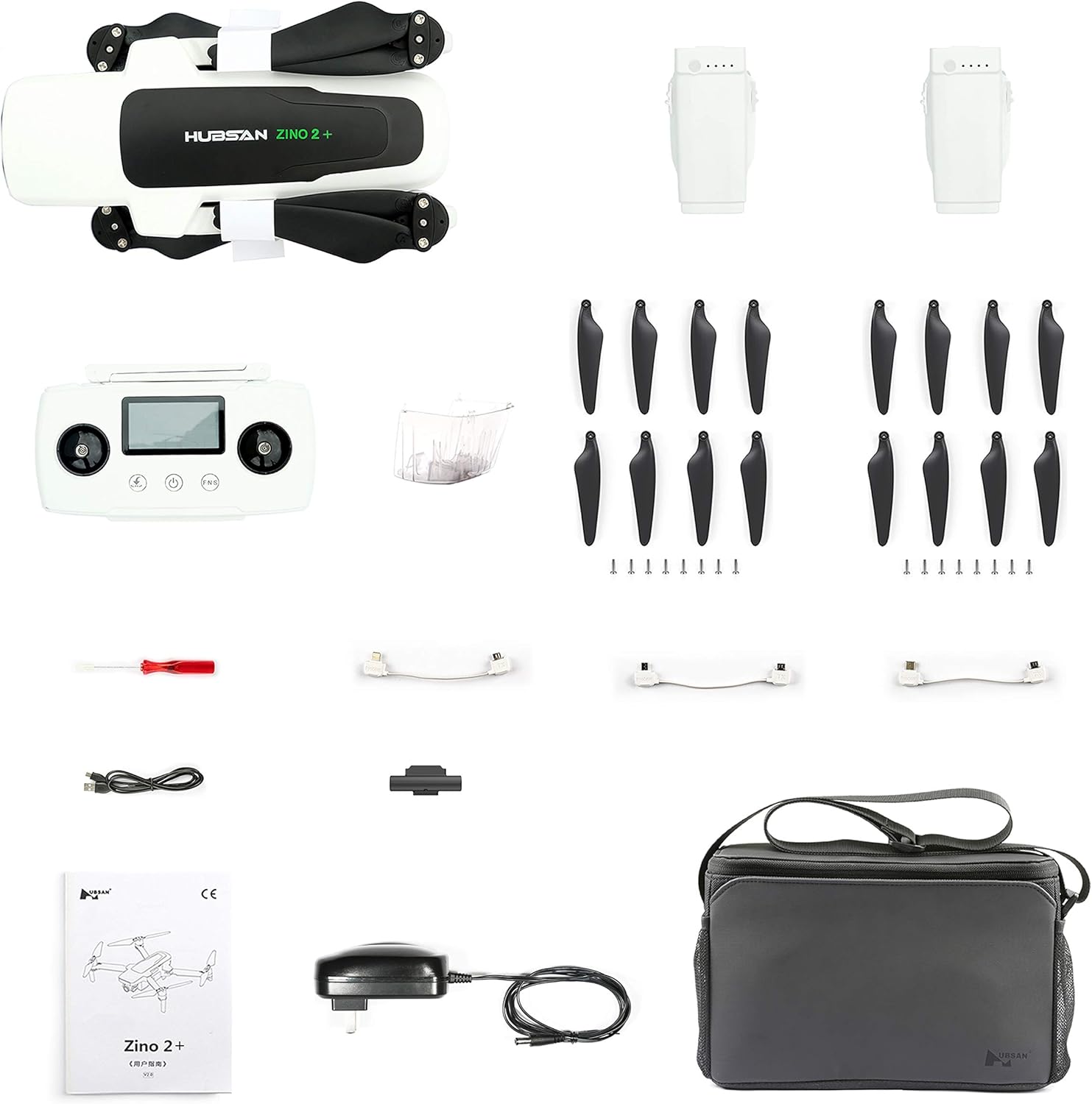 All components of the Hubsan Zino 2+ drone laid out on a white background