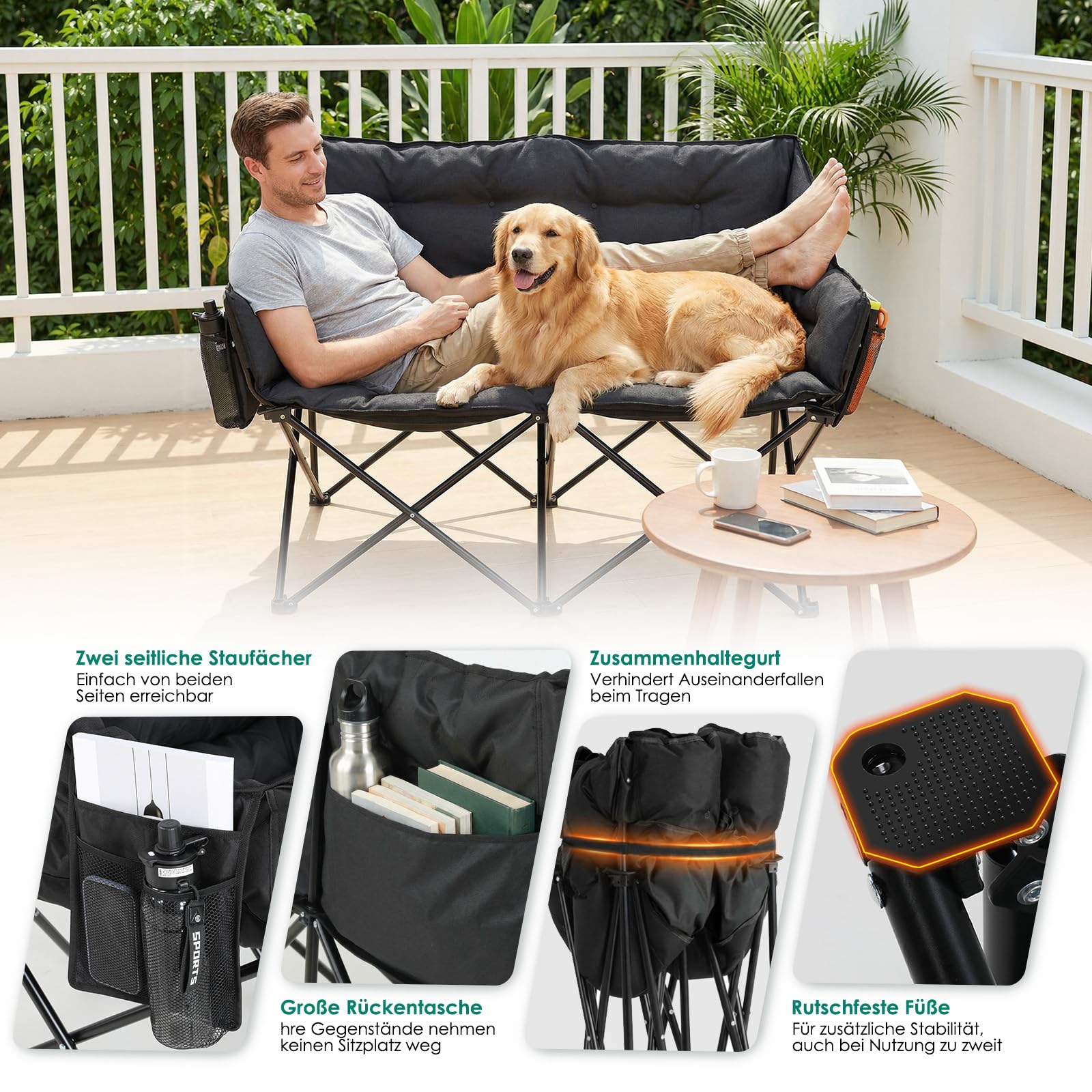 LIFERUN Sedia da Campeggio per 2 Persone, Divano da Campeggio Doppia 320KG, Sedia da Campo Portatile, con Tasca Laterale e posteriore, borsa per il trasporto, per Giardino, Spiaggia, Pesca, Nero