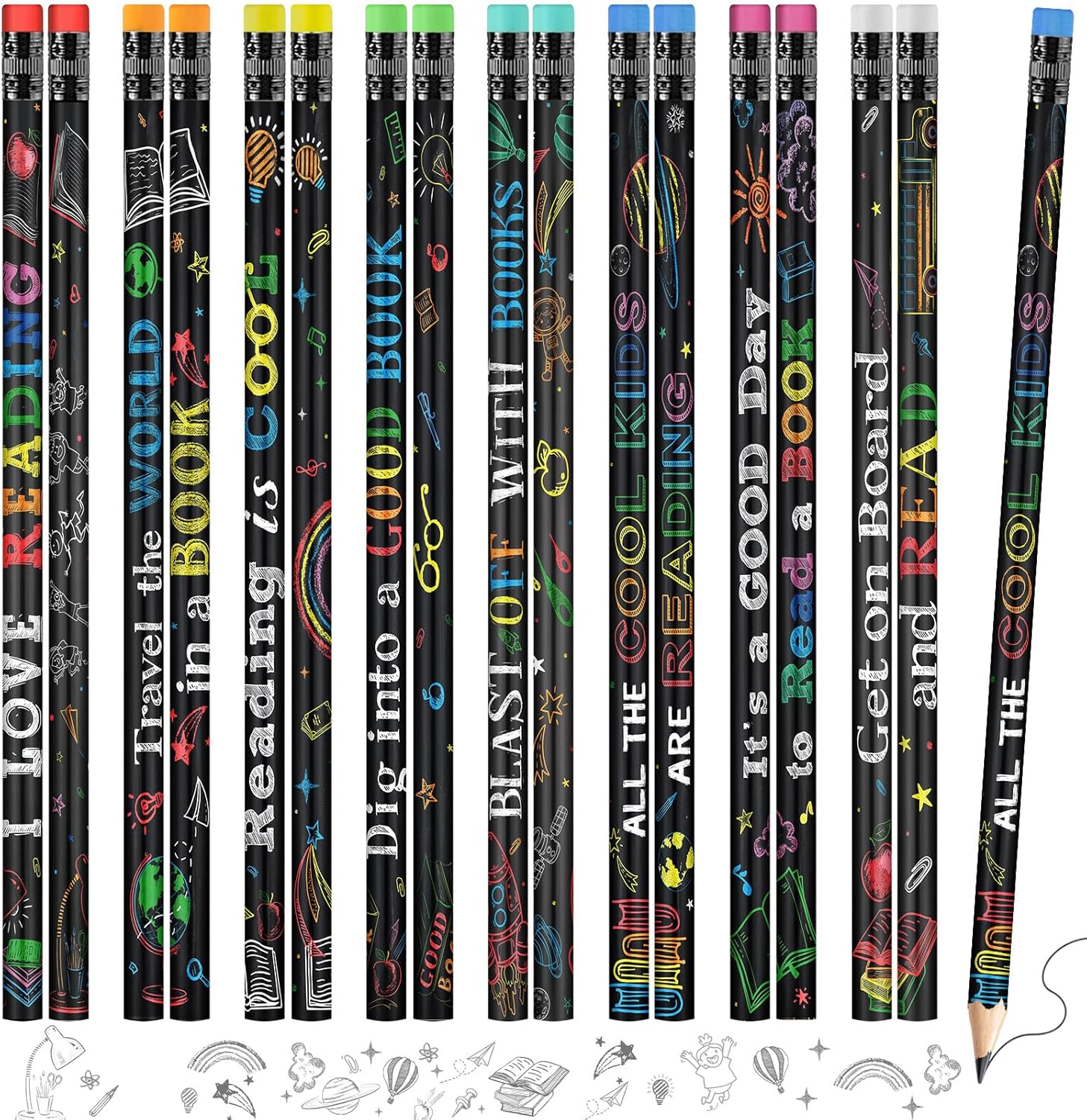 Pasimy 600 Pcs Reading Motivational Pencils Bulk Black Novelty Wooden Pencils with Eraser Classroom Inspirational Pen with Sayings for Kids Student Teacher School Reward Gifts Stationery Party