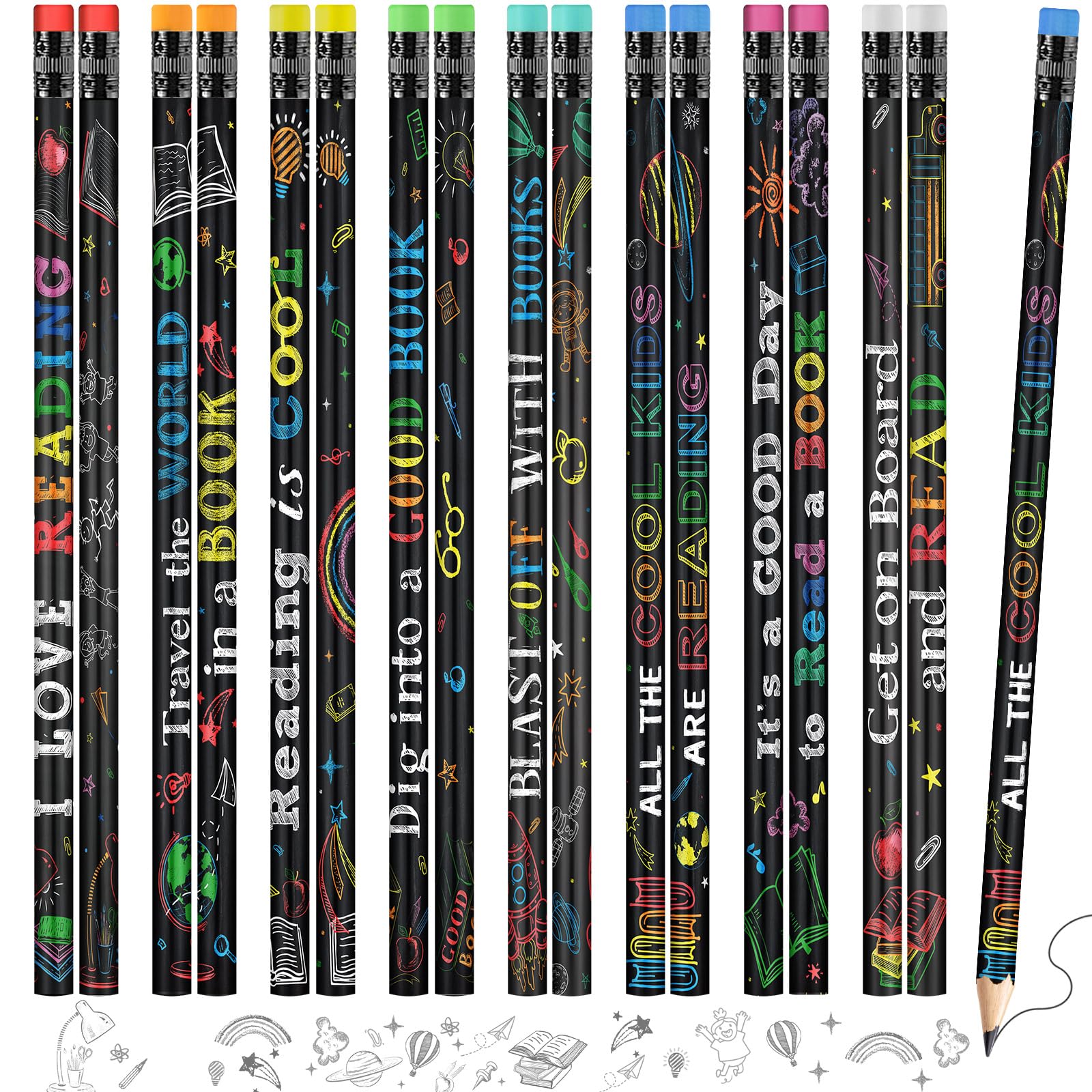 Pasimy 600 Pcs Reading Motivational Pencils Bulk Black Novelty Wooden Pencils with Eraser Classroom Inspirational Pen with Sayings for Kids Student