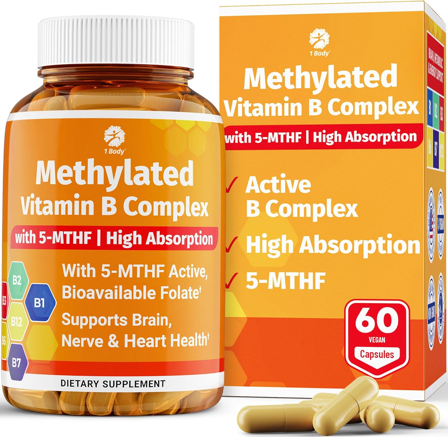 Vitamin B Complex – Methylated B Vitamins for Energy, Brain & Metabolism Support | BioActive B Complex Vitamins for Women & Men with Methyl Folate (5-MTHF) & Methyl B12 – 60 Count