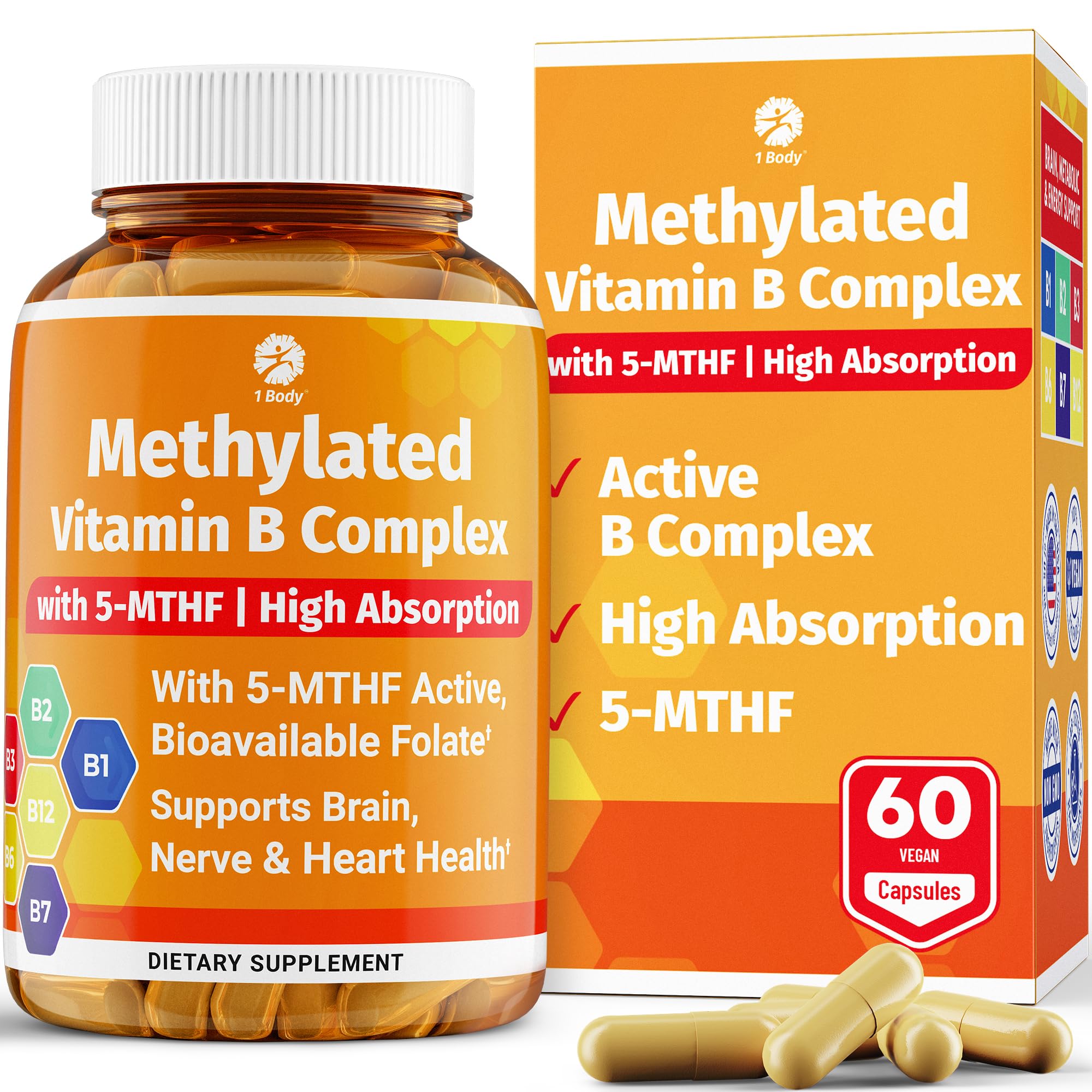 1 Body Vitamin B Complex – 5-MTHF Folate with B1, B2, B5, B6, Methyl B12, Niacin, Biotin – Wide Range of Benefits for Stress, Heart Health, Healthy Brain Function, Nervous System Support