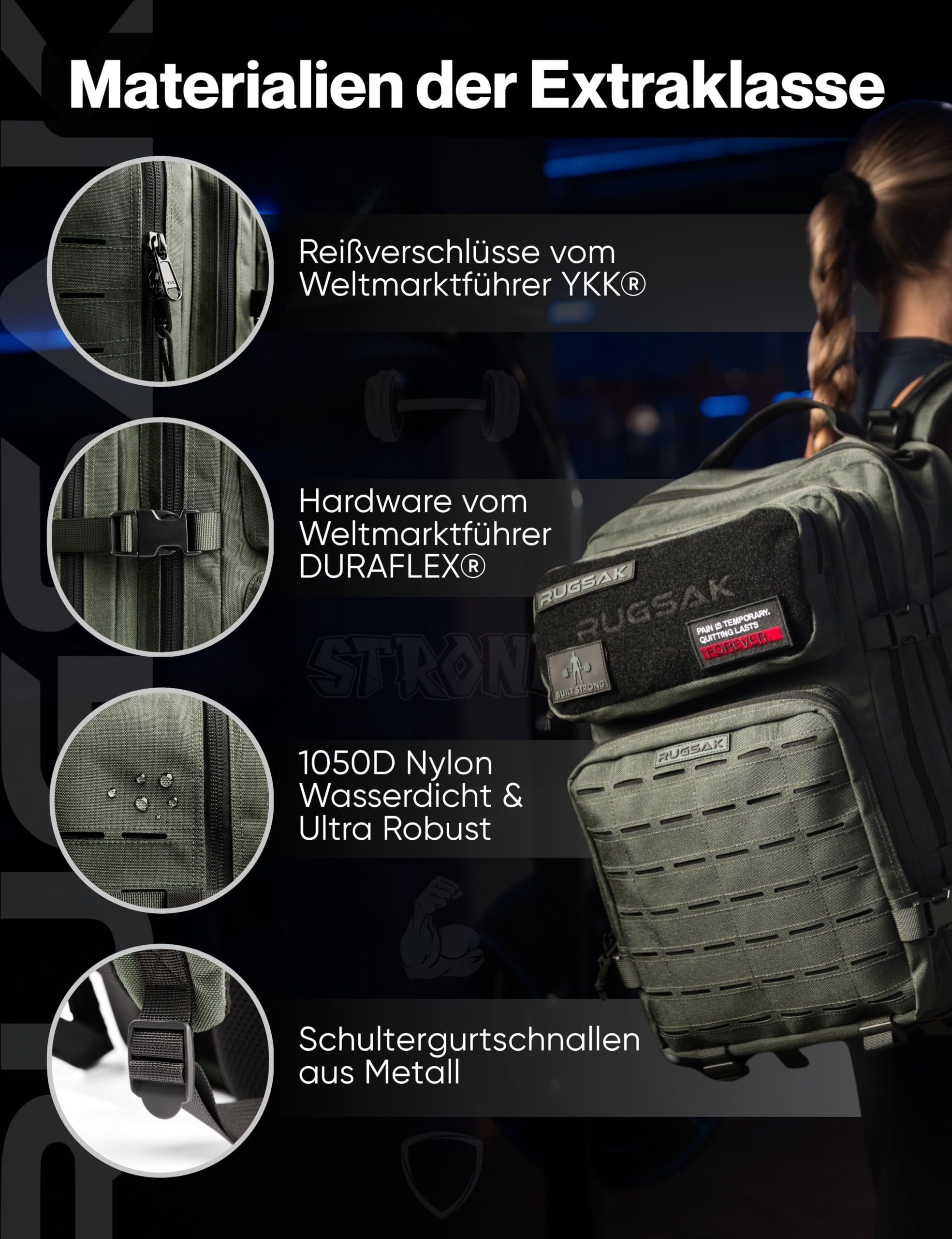 RUGSAK Alpha - Zaino tattico da 20-45 l, impermeabile ed estremamente robusto, per attività all'aperto, lavoro, escursionismo, campeggio e palestra, zaino da viaggio Molle, unisex, acciaio grigio