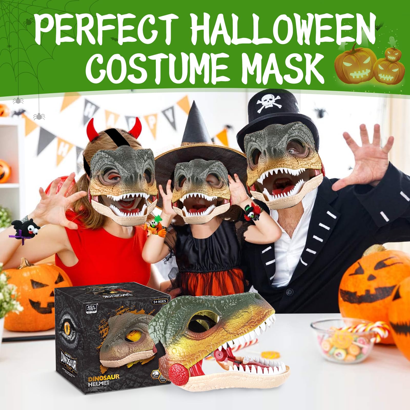 Dino Maske Dino Mask Moving Jaw Halloween Dekoration Dinosaurier Kostüm Maske Tragen von Soundeffekten Dino Maske Kopfbedeckung für Kinder Erwachsene Velociraptor Masken für Dinosaurier Party