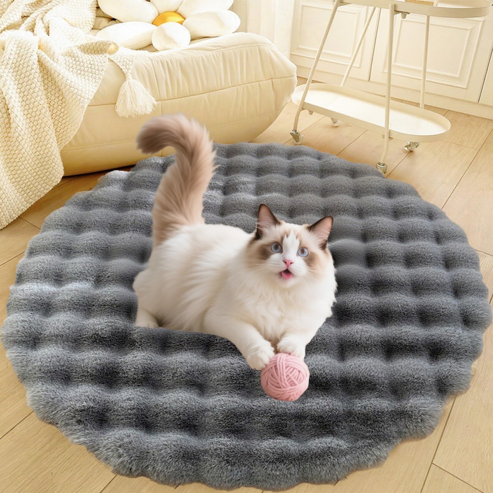 Divano per Cani E Gatti Con Fondo Antiscivolo, Tappeto Rotondo Lavabile, Moderno Letto A Pelo Lungo Da Posizionare Accanto Al Pavimento, Tappetino per Soggiorno(Gray,43in)