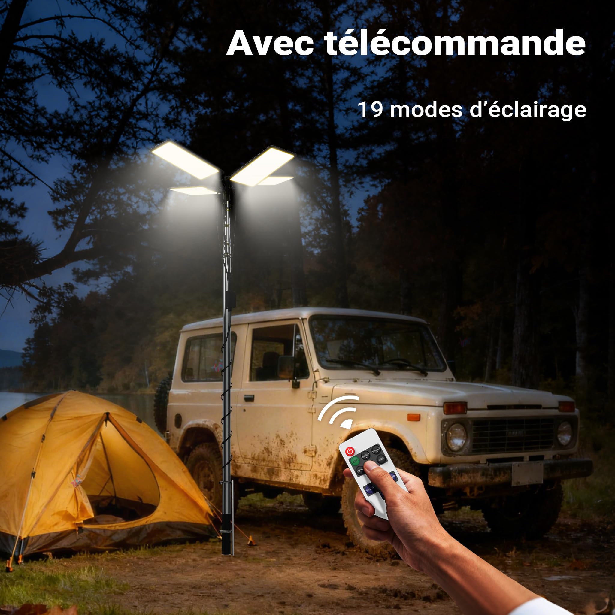 Wiltec Lampe télescopique 12 V LED V2, 560 x 560 x 1190 mm, 912 LED, 11224 lm, Lumière avec Barre de support et Télécommande pour Camping Tente Excursions