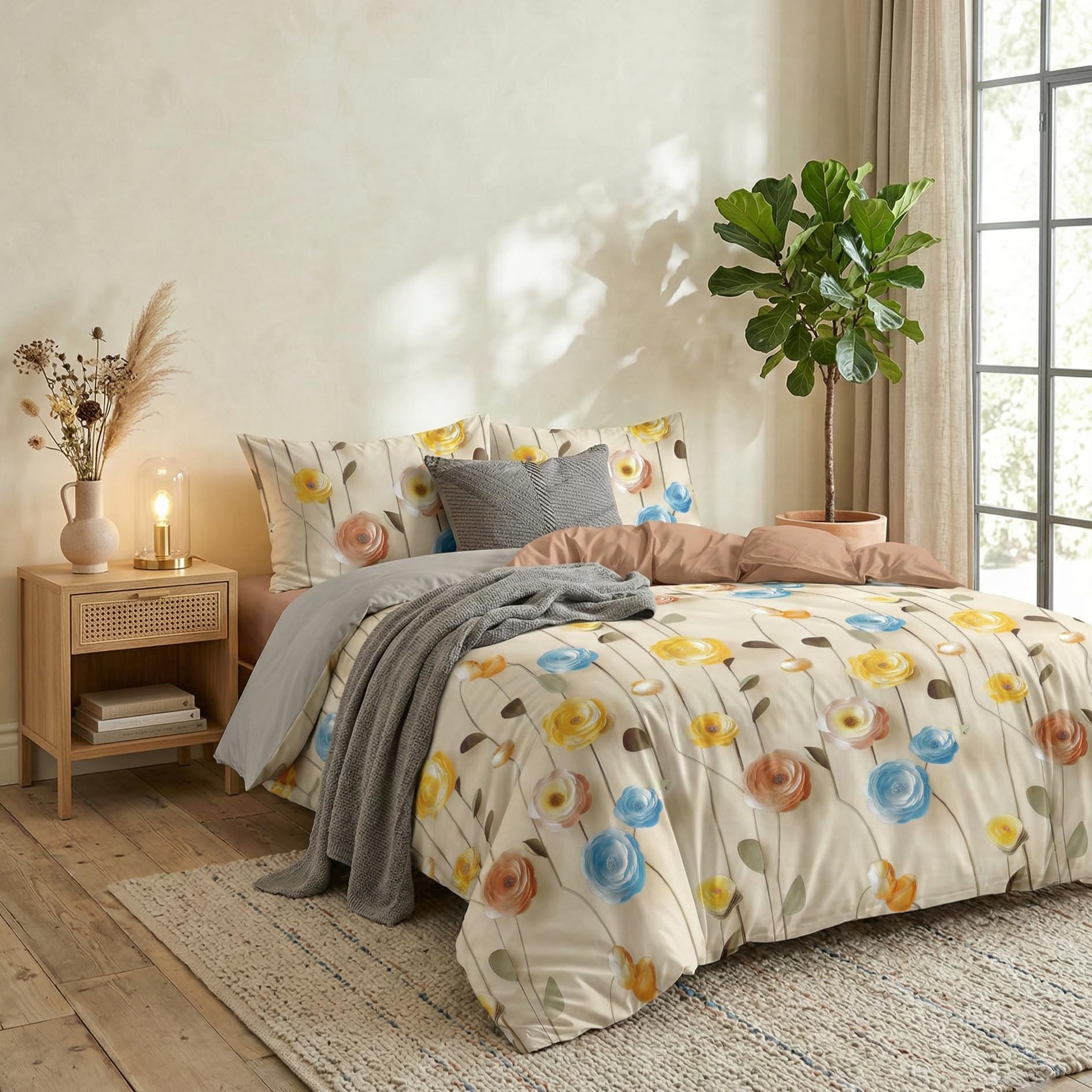 LOOMLYFE 300 TC Microfiber XXL Soft Cotton Super King Size Bedsheet for Double Bed, King Size 108 Inches X 108 Inches, 9 Feet, 275 X 275 cm with 2 Large Size Pillow Covers - YellowBaleLotus