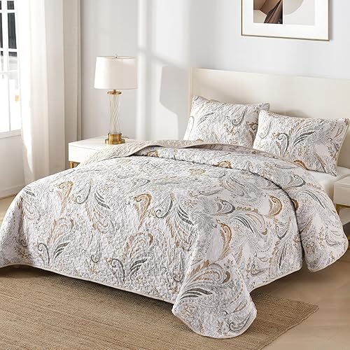 Miniatura 2 de WONGS BEDDING Juego de edredón bohemio de gran tamaño, tamaño Queen, juego de colcha con estampado floral de cachemira beige con 2 fundas de