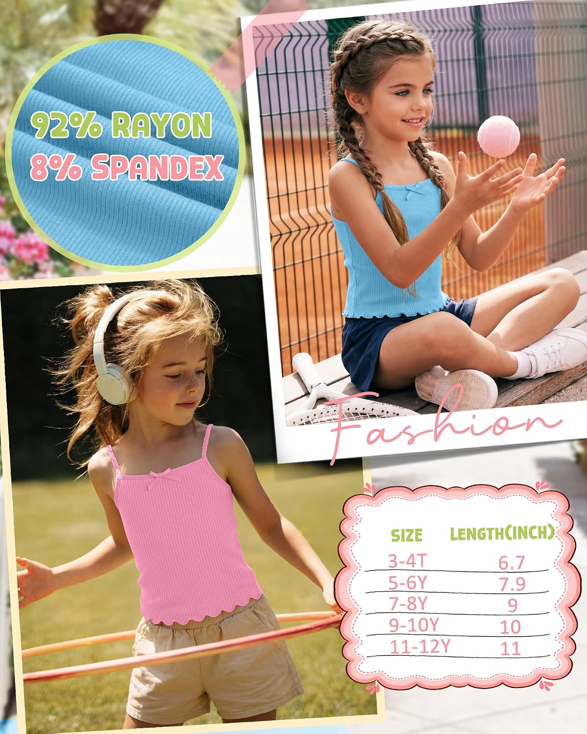 4 Pack Girl's Camisole Ribbed Knit Tank Tops Lettuce Hem Sleeveless Undershirts Kids Casual Basic Clothes 3-12 Years