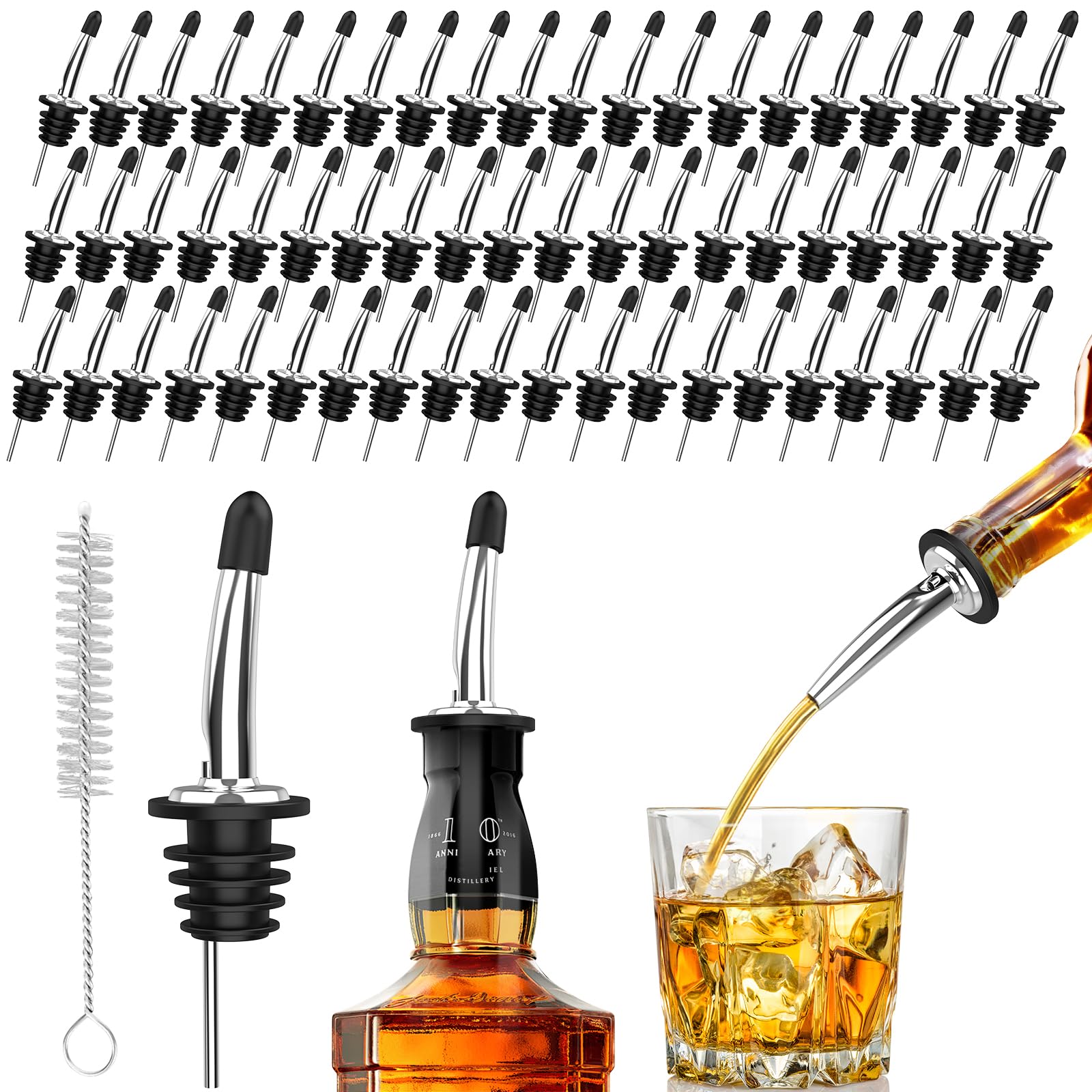 60-Pack Stainless Steel Pour Spouts for Liquor Bottles Oil Vinegar and Wine,Liquor Bottle Pourers with Rubber Dust Caps,Bar accessories,Pourers for