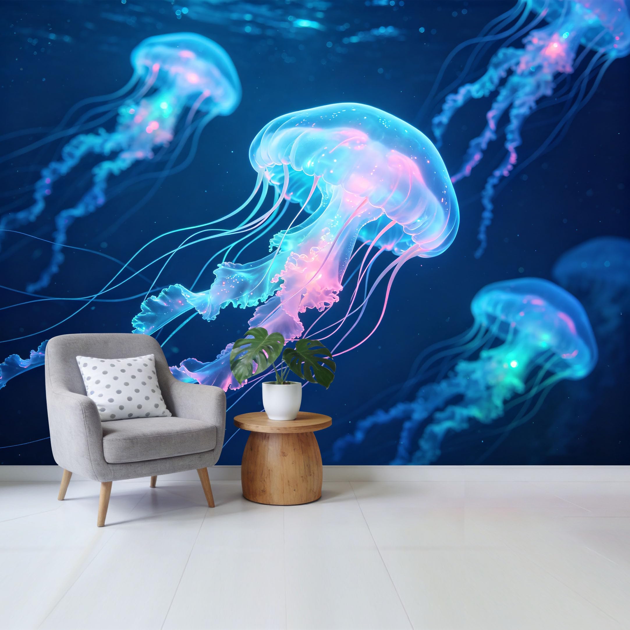Qzlithotic Yq2605251229 Custom Size Wall Mural Glowing Neon Jellyfish Ocean Marine 3D Underwater World Selfadhesive Wall Fabric Removable Wallpaper For Home Office Decor