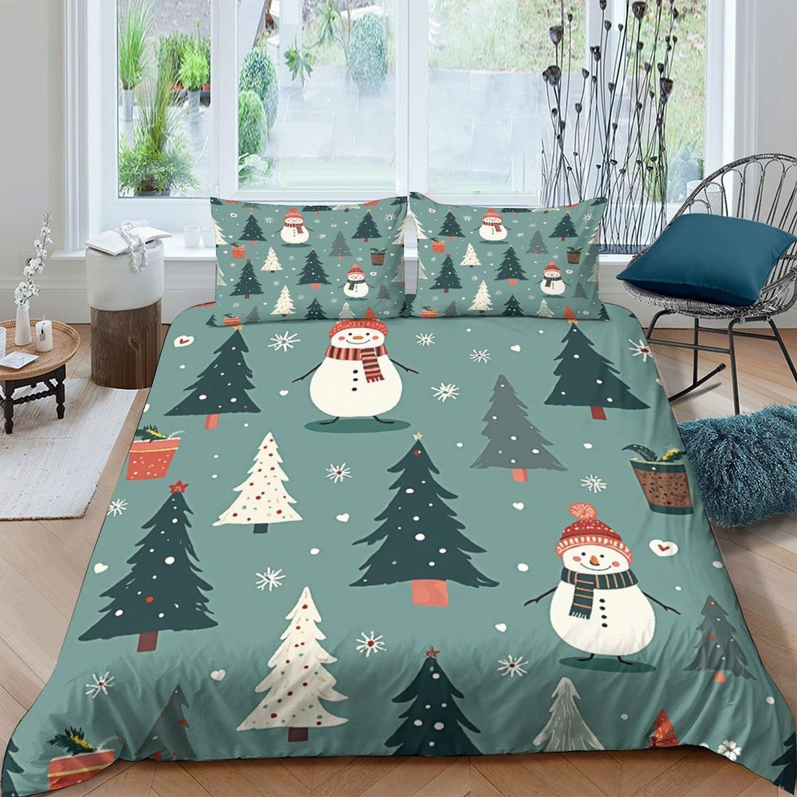 Ctjqhvkz Style-10 3D Printed Christmas Snowman Fitted Sheet Microfiber Soft Forest Tree Mattress Cover For Bedroom Guest Room Decor Single（135X200cm）