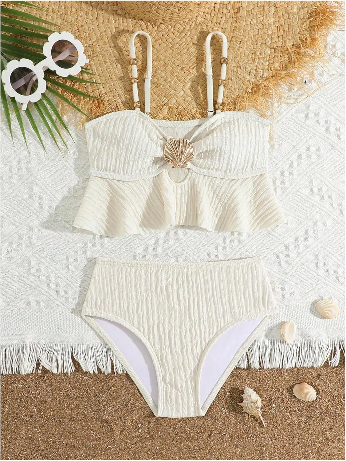 MakeMeChic Toddler Girl's Two Piece Swimsuit Seashell Ruffle Textured Beach Bikini Set