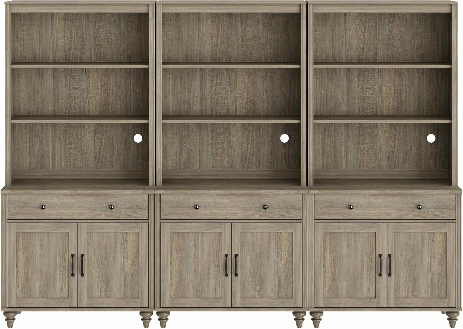 WAMPAT Wash Grey Bookcase with Drawers and Doors Set of 3, 5 Tier Bookshelf, 72'' Tall Book Case Shelf, Large Wood Bookcases Farmhouse Bookshelves for Living Room Bedroom Home Office Kitchen