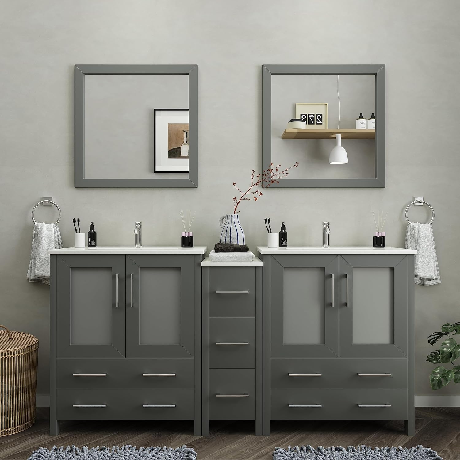 Vanity Art 72 inch Double Sink Bathroom Vanity Set with Ceramic Top ...