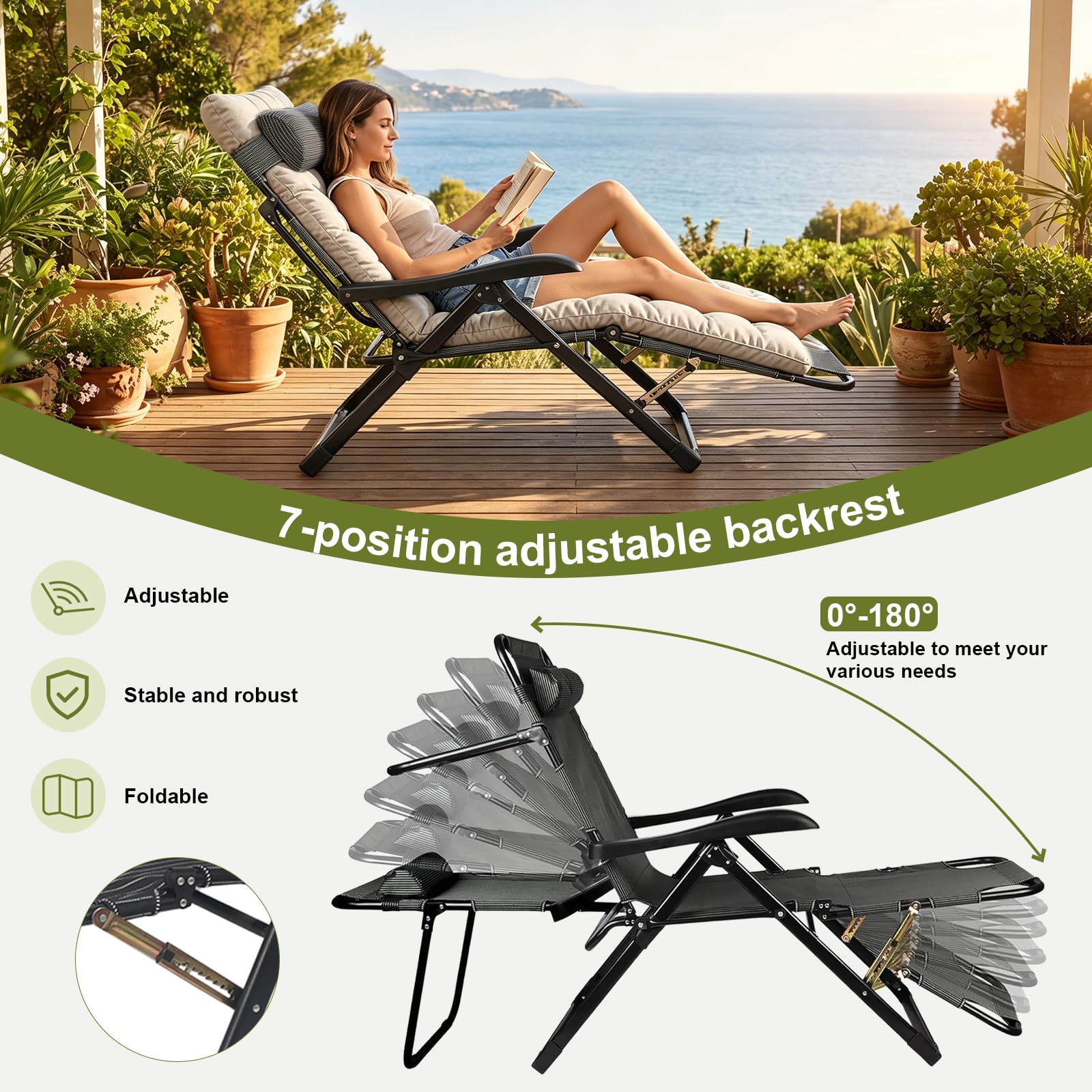Gartenliege Klappbar mit Auflage, Liegestuhl Balkon mit Kopfstütze, 7 Fach Verstellbare Sonnenliege Klappbar bis 150 kg, für Garten, Balkon, Strand Terrasse(Grau)