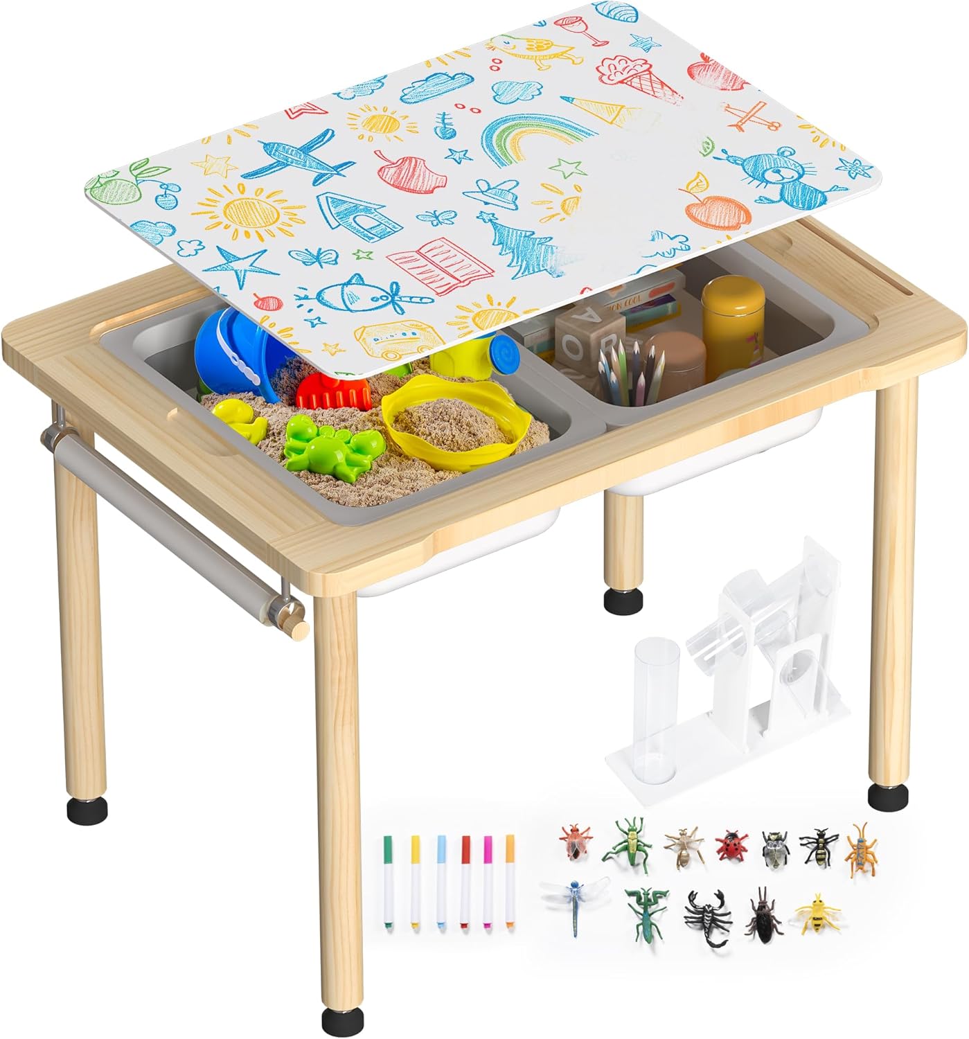 BRINJOY Sensory Table for Toddlers, Kids Activity Desk with Storage Bins, 3 in 1 Wood Sand and Water Table with Colored Pens & Animal Toys & DIY Tunnels for Indoor Outdoor (Natural+White)