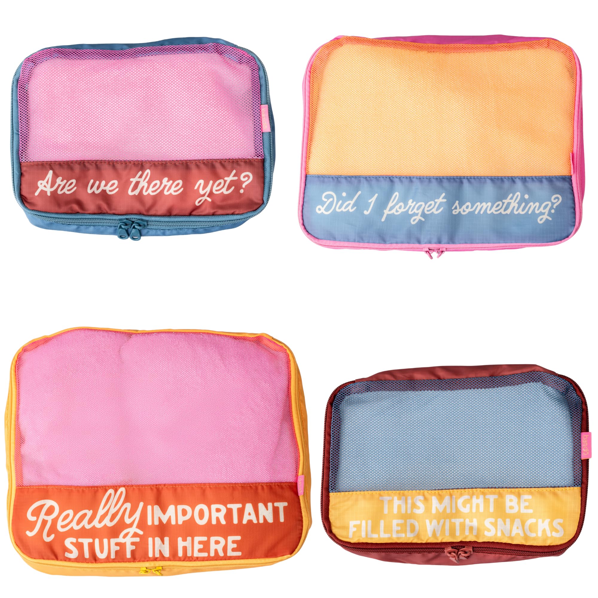 ban.do Packwürfel 4er Set, Wirklich wichtiges Zeug, 9.8 liters | Polyester und Netzstoff, inklusive 4 faltbaren Gepäcktaschen in verschiedenen Größen mit Zitat-Designs