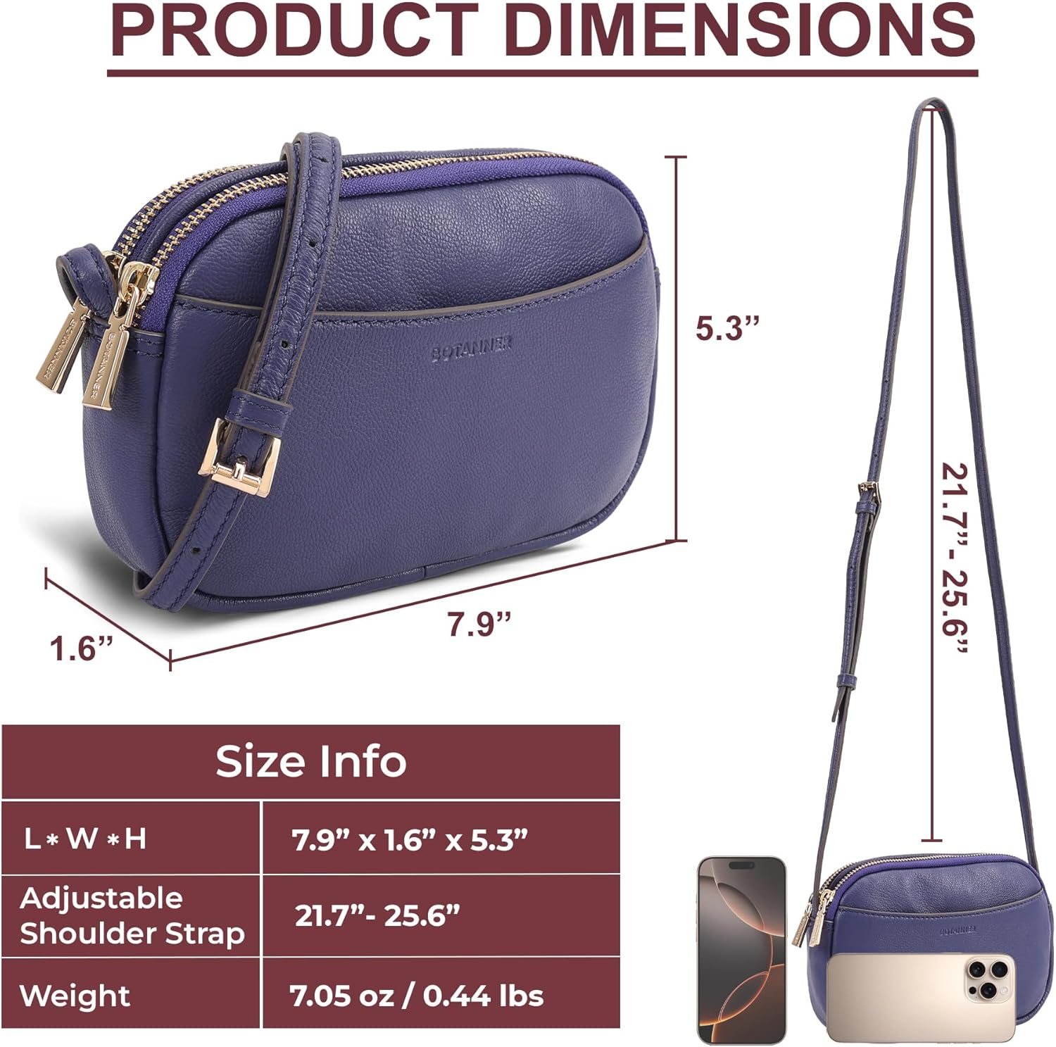 Genuine Leather Double Zipper Small Crossbody Bag for Women with an Adjustable Strap - Image 2