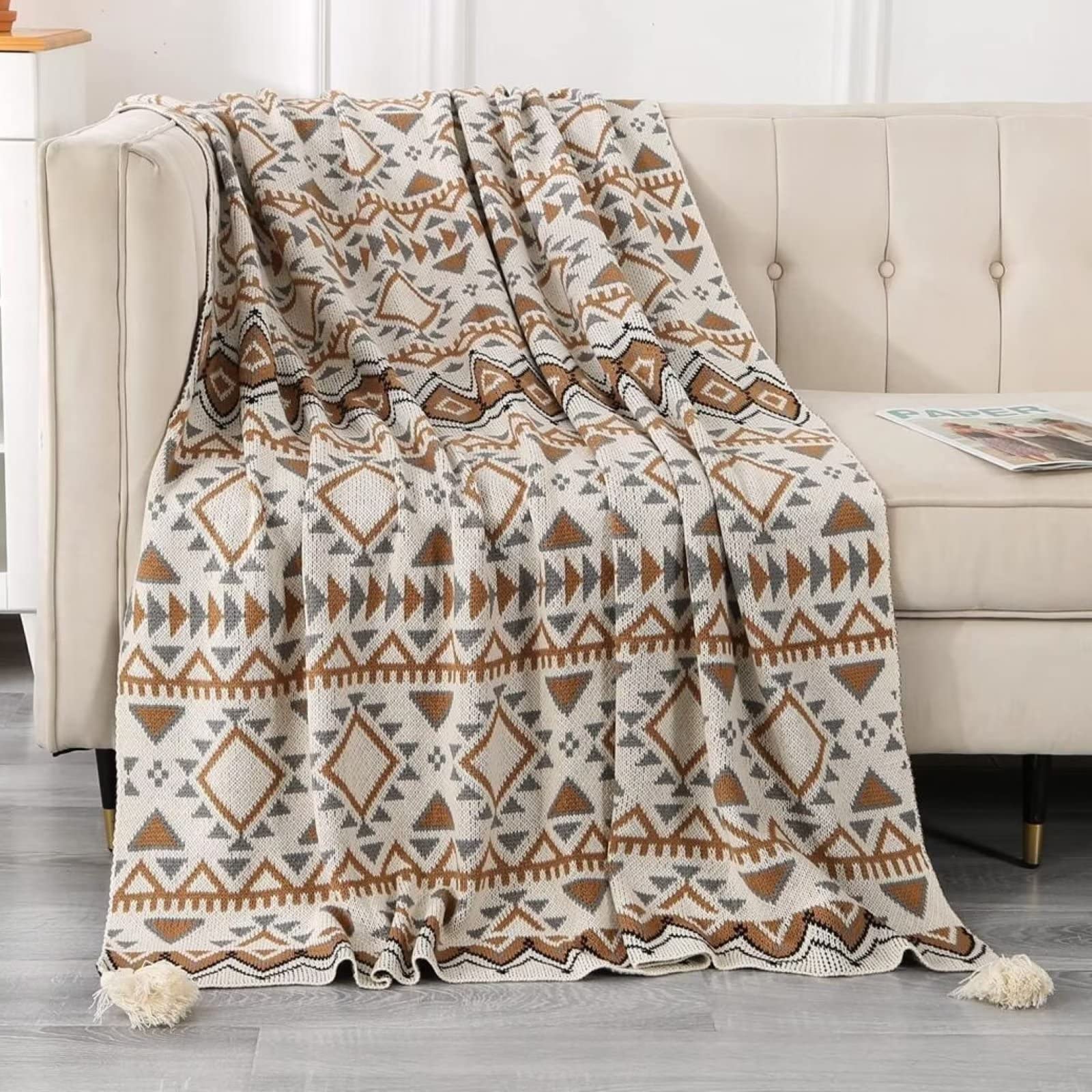 ESPFHNBohemian Knitted Throw Blanket with Tassels, Acrylic Knitted Throw Decorative for Sofa Chair Bed Couch Settee, Warm Thick Armchair Cover Soft Blanket 127 * 152cm(Beige)