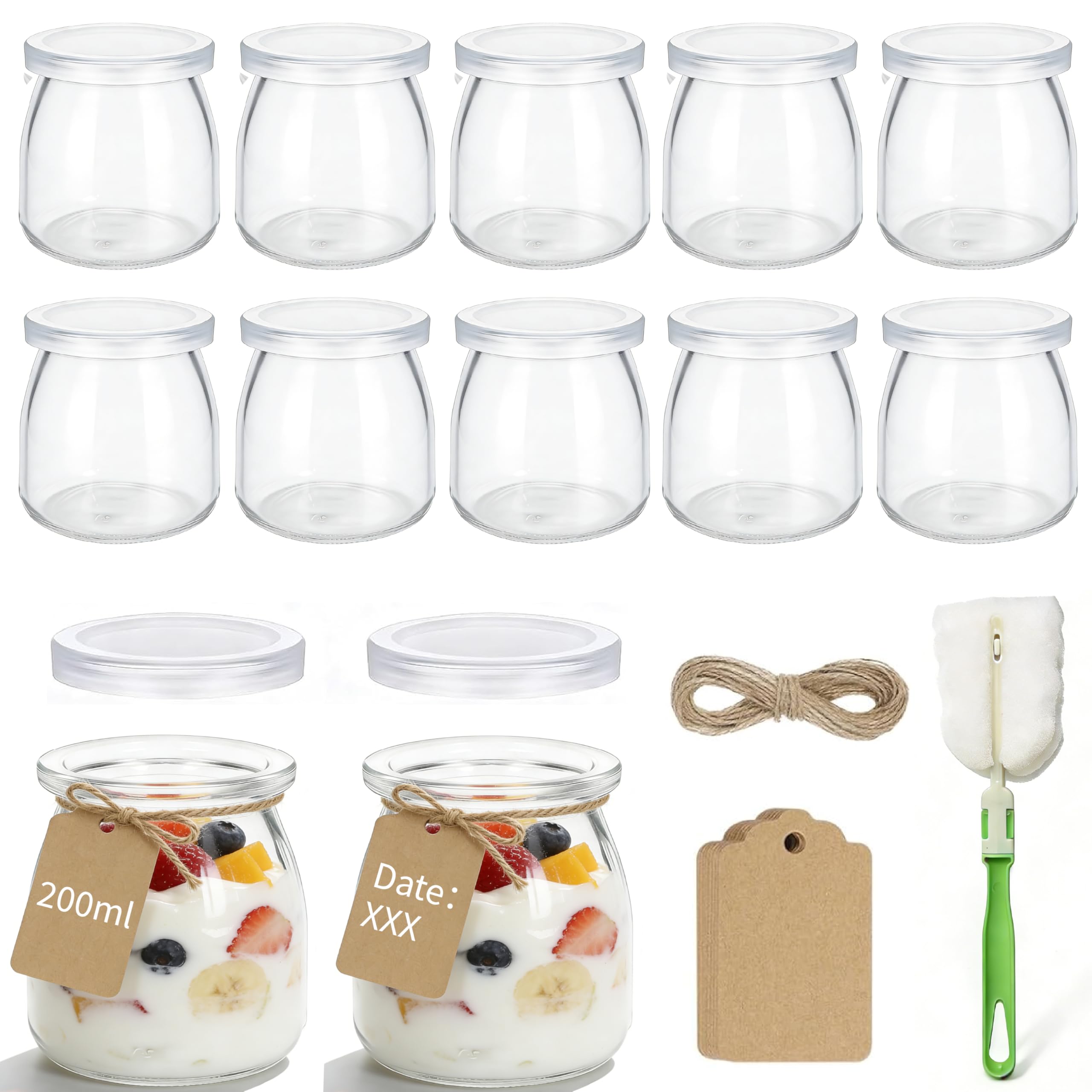 Juego de 12 tarros de yogur transparentes de 200 ml con tapas – Vasos reutilizables para mermelada, miel, velas – Aptos para lavavajillas, microondas y congelador, sin BPA