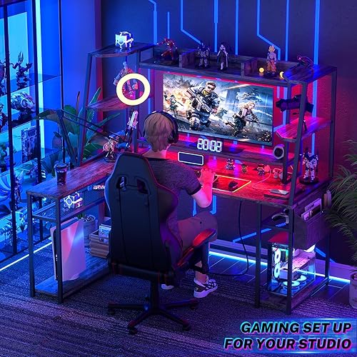 Miniatura 10 de Escritorio para juegos en forma de L con gabinete, escritorio de 63 pulgadas de largo para juegos con estación de carga, escritorio de juegos de PC