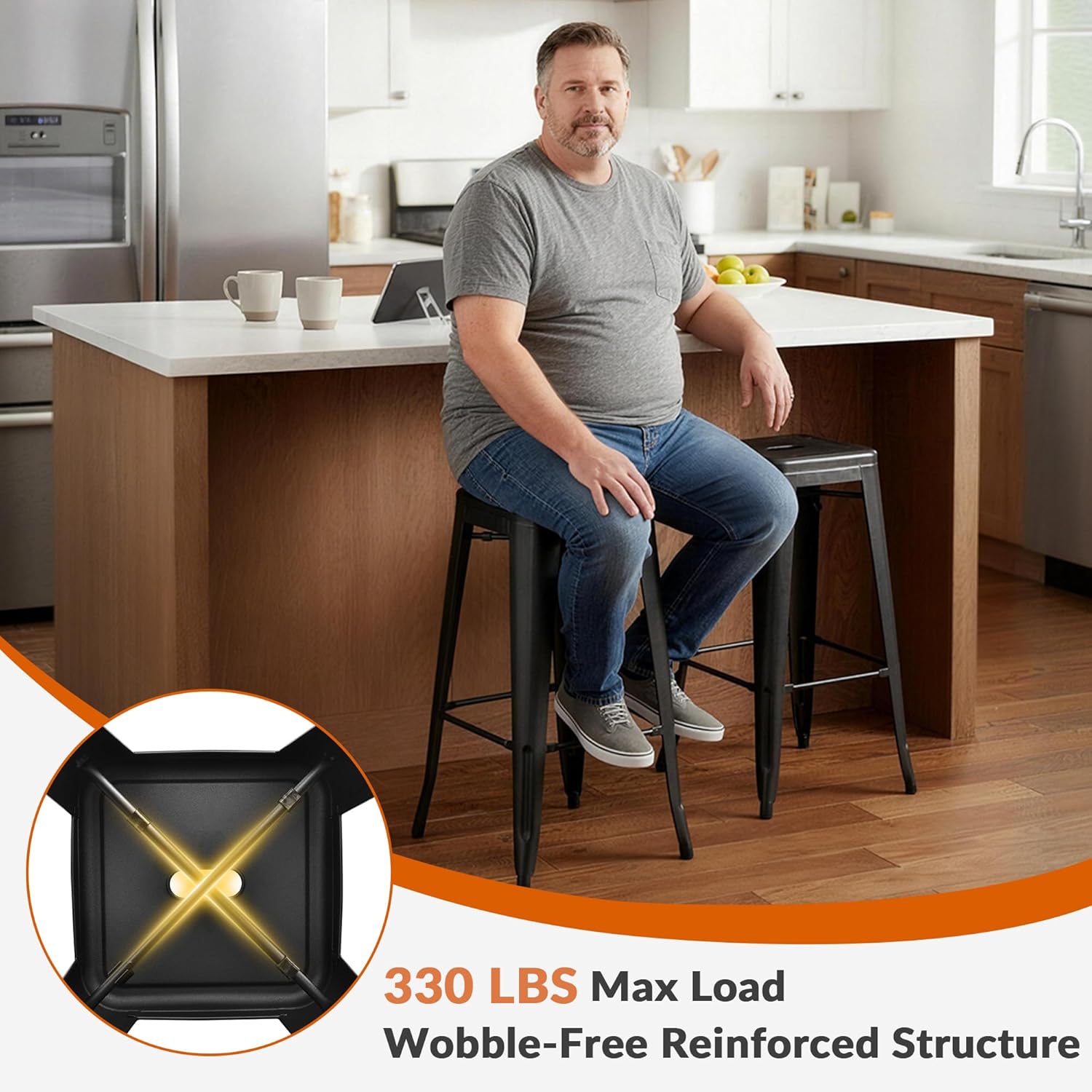 Elevon 30 Inches Metal Bar Stools High Backless Stools Indoor Outdoor Stackable Kitchen Stools, Black, Set of 4