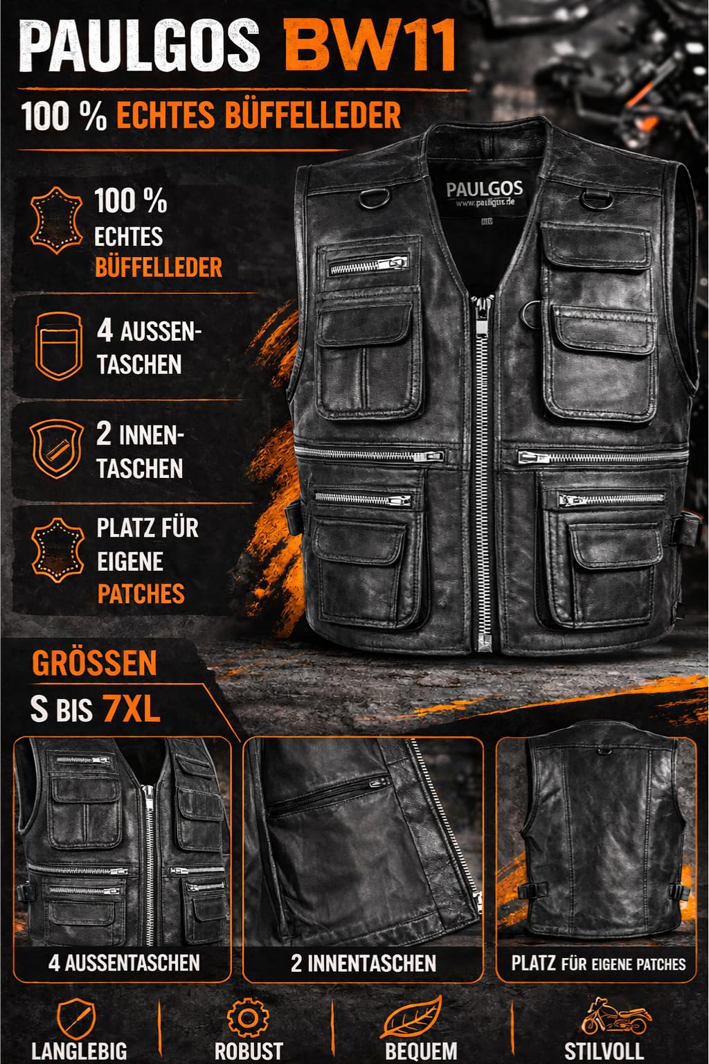 PAULGOS Lederweste Weste Kutte Leder Biker Rocker Motorrad Clubweste Bikerweste Motorradweste Schwarz BW11