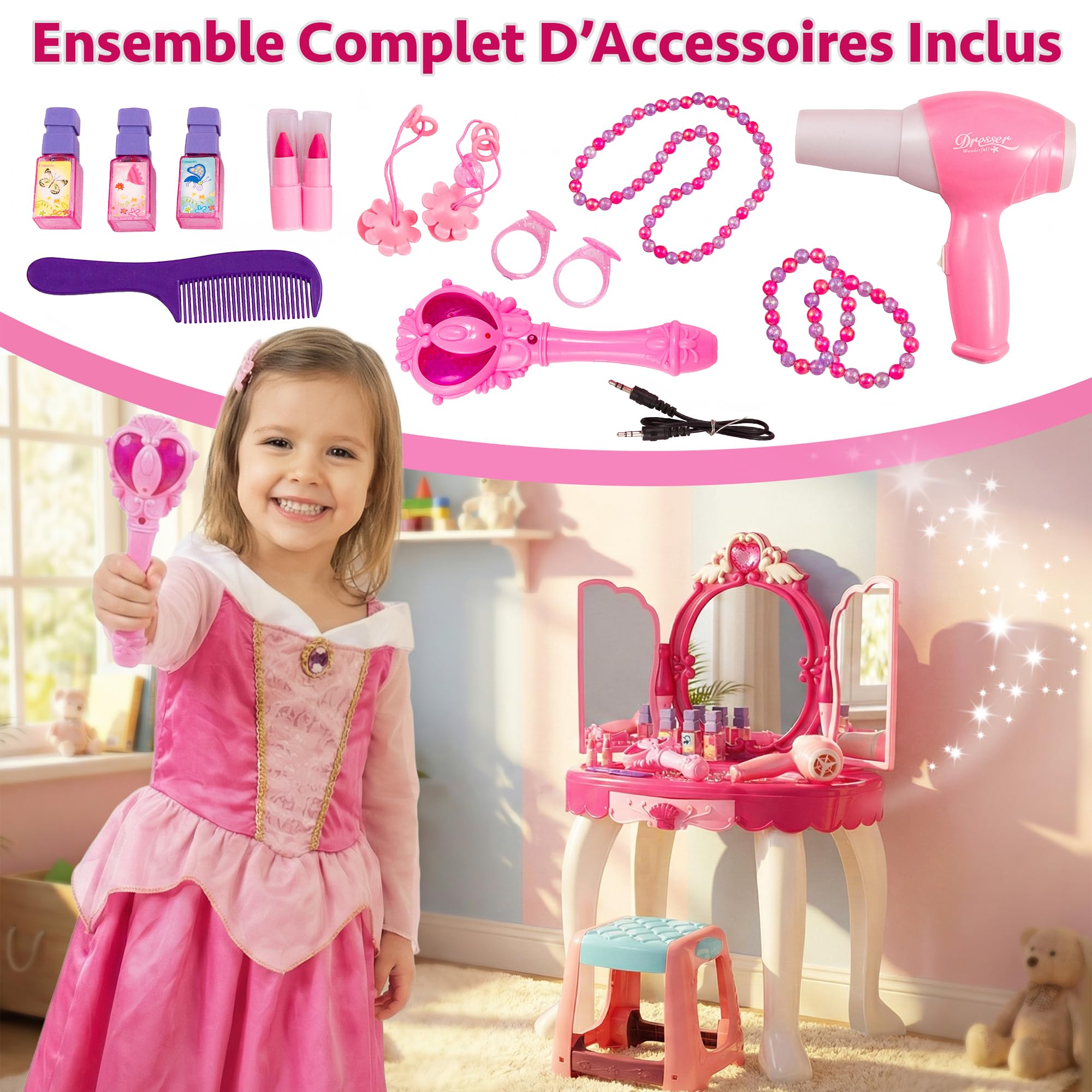 Kinderplay Coiffeuse Enfant, Table de Maquillage - Fonction de Lumièreavec Tabouret, lumière et Son, Dimensions Coiffeuse Enfant Fille 50 x 32 x 72 cm, KP8846